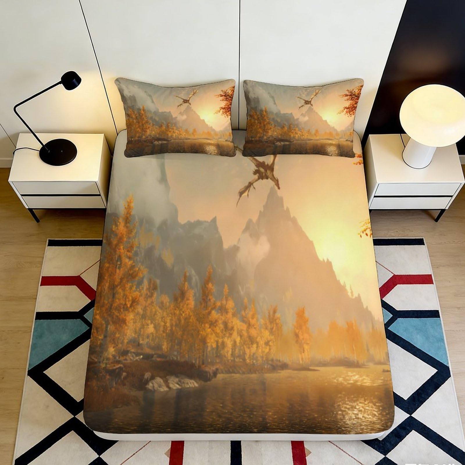 3D Printed Golden Autumn Forest Fitted Sheet Microfiber Soft Mountain Sunrise Mattress Cover for Bedroom Guest Room 140x200x25cm