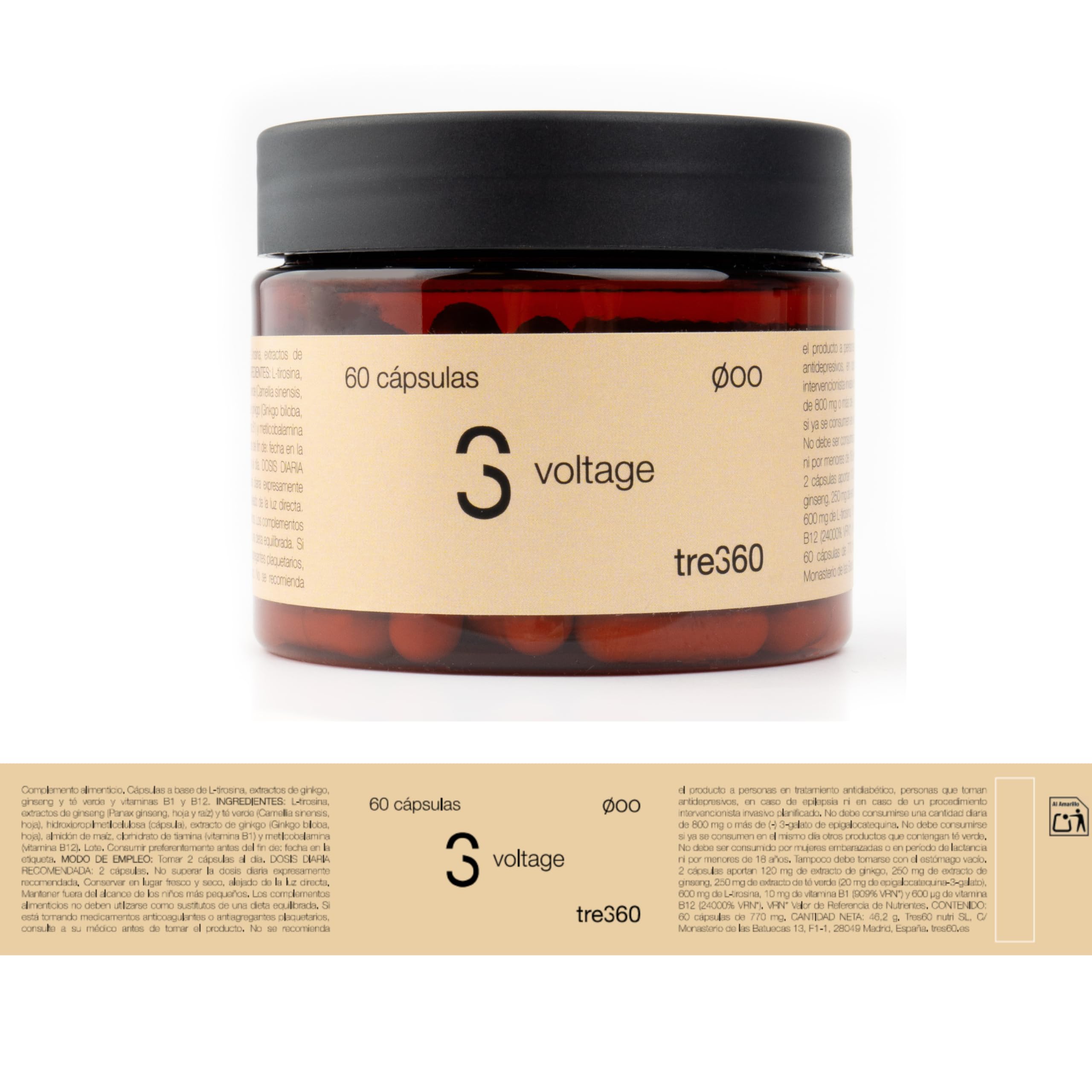 Tres60 - Voltage Energía y Rendimiento – 60 Cápsulas - Cafeína, Taurina, Ginseng, L-Arginina y Té Verde - Complejo con Vitaminas B y Vitamina C - Suplemento Energizante para Concentración