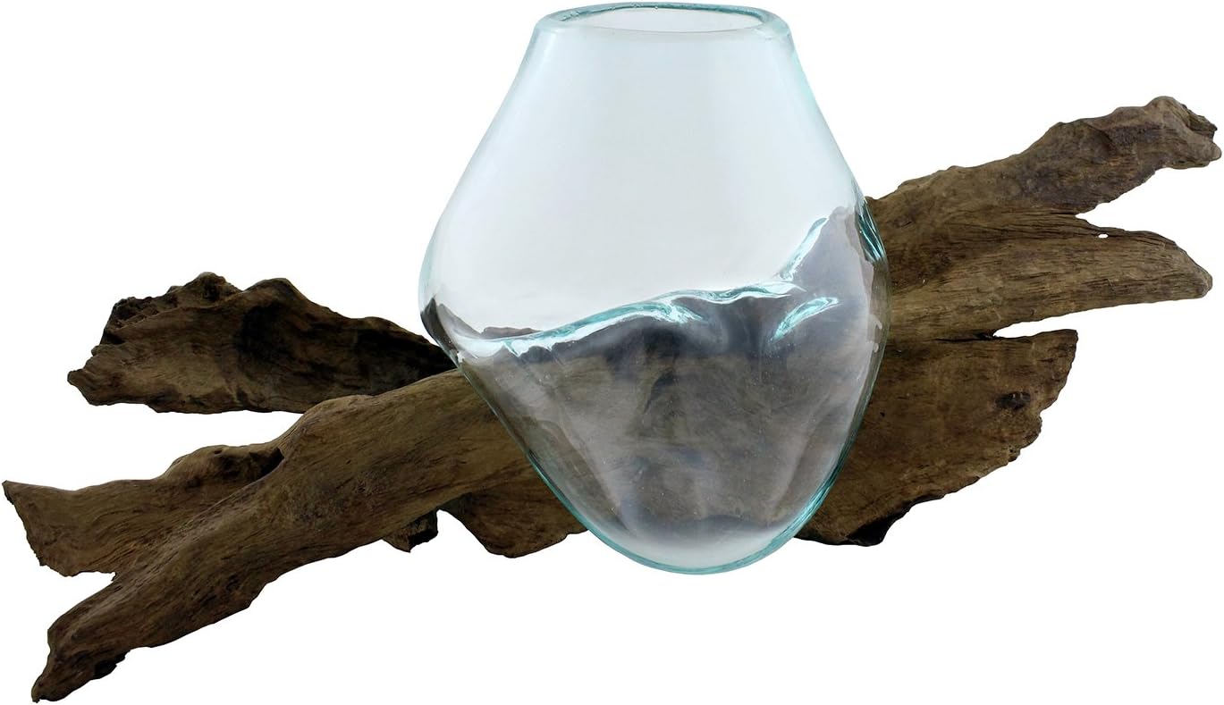 Cohasset Gifts Teak Wood & Molten Sculpture, Natural Wood and Recycled Glass, Approximately 12" Long