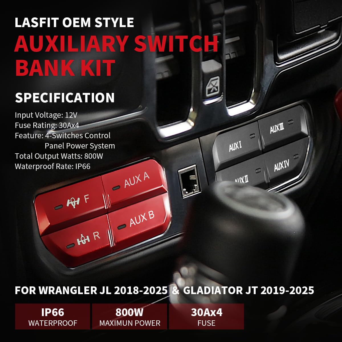 LASFIT Auxiliary Switch Bank Kit, OEM Style Plug&Play Aux Switch Panel Dash 4 Buttons 4x30A for Wrangler JL 2018-2025 & Gladiator JT 2019-2025, Black
