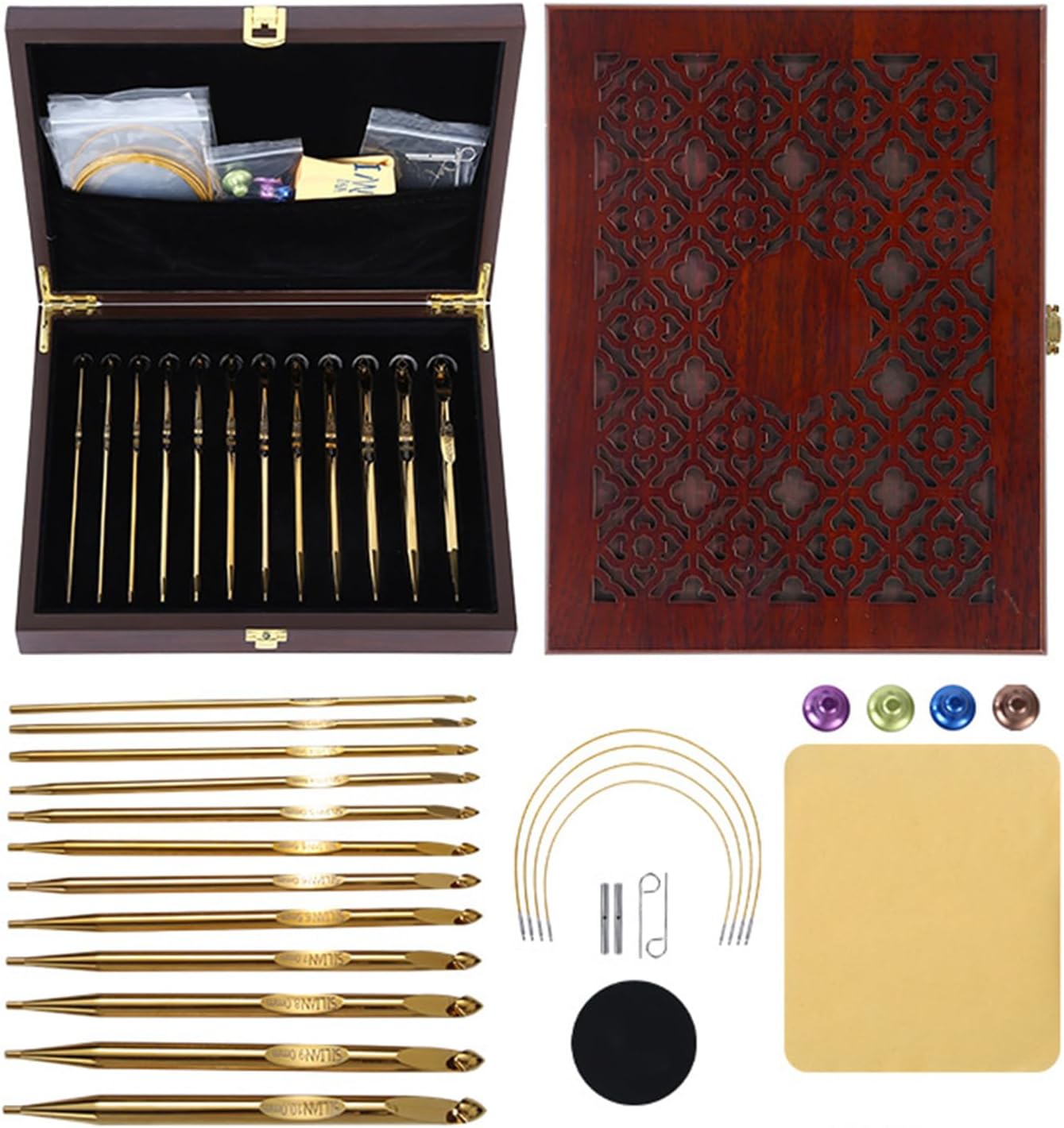 様々なサイズ 金色のかぎ針編みセット 丈夫なアルミクラフトアクセサリー ポータブルケース付き ハンドメイド織り