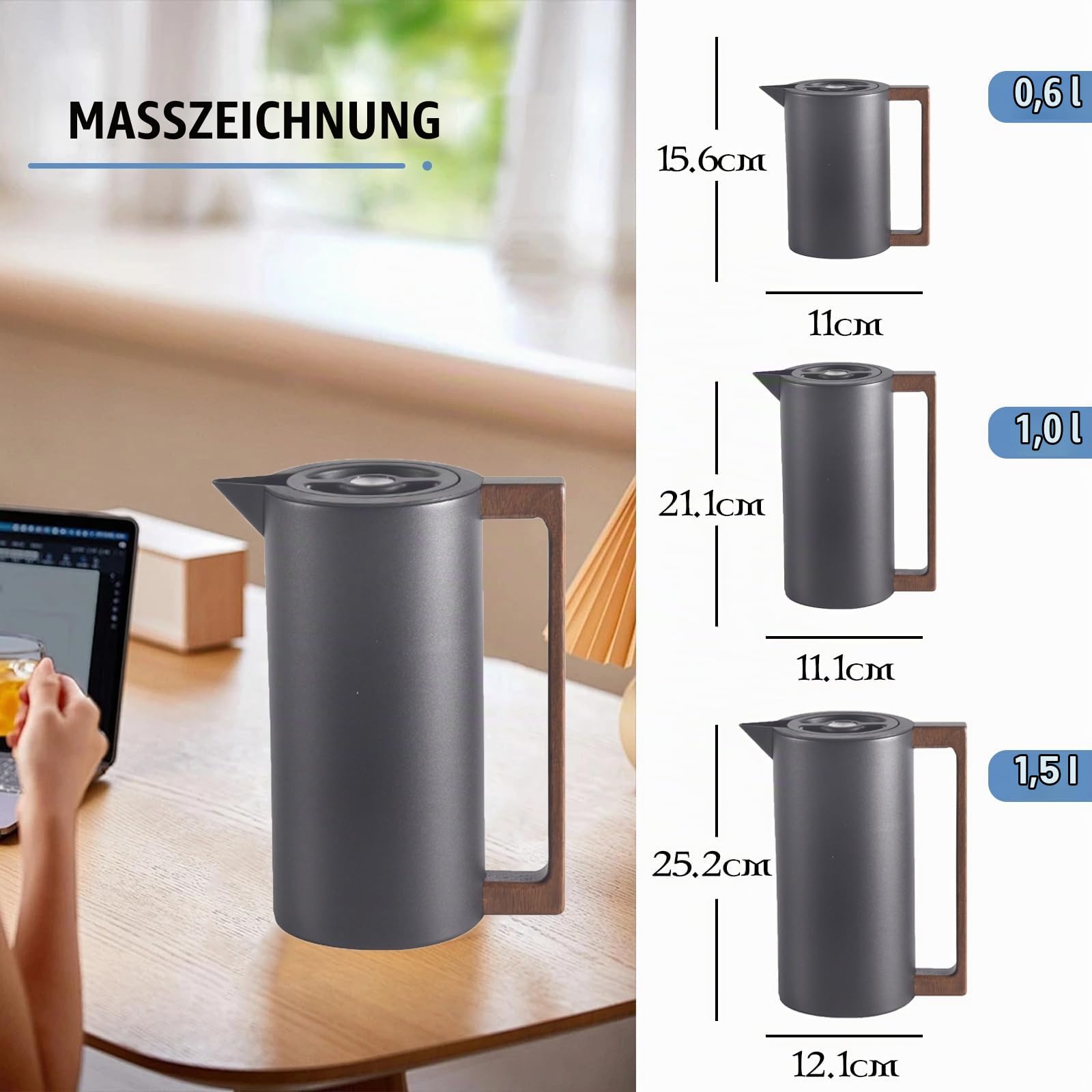 Thermoskanne Kaffeekannen Edelstahl Vakuum Isolations, Mit Holzgriff Und Einfachem Sicherheitsdruckknopf, Für Zuhause, Hotel, Büro (Schwarz,1.5L)