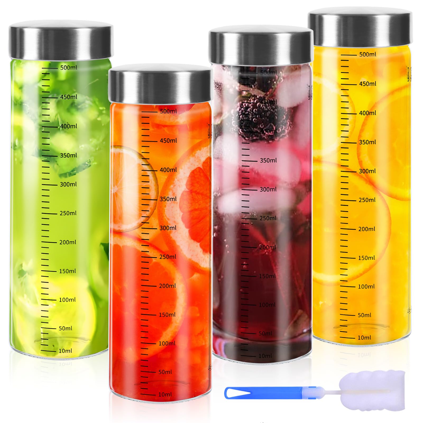 4 Piezas 500 ML Tarros de Cristal, Botellas de Boca Ancha con Tapa de Acero Inoxidable, Vasos Yogurtera con Tapa, Tarros de Vidrio Reutilizables, para Batidos, Zumos, Leche