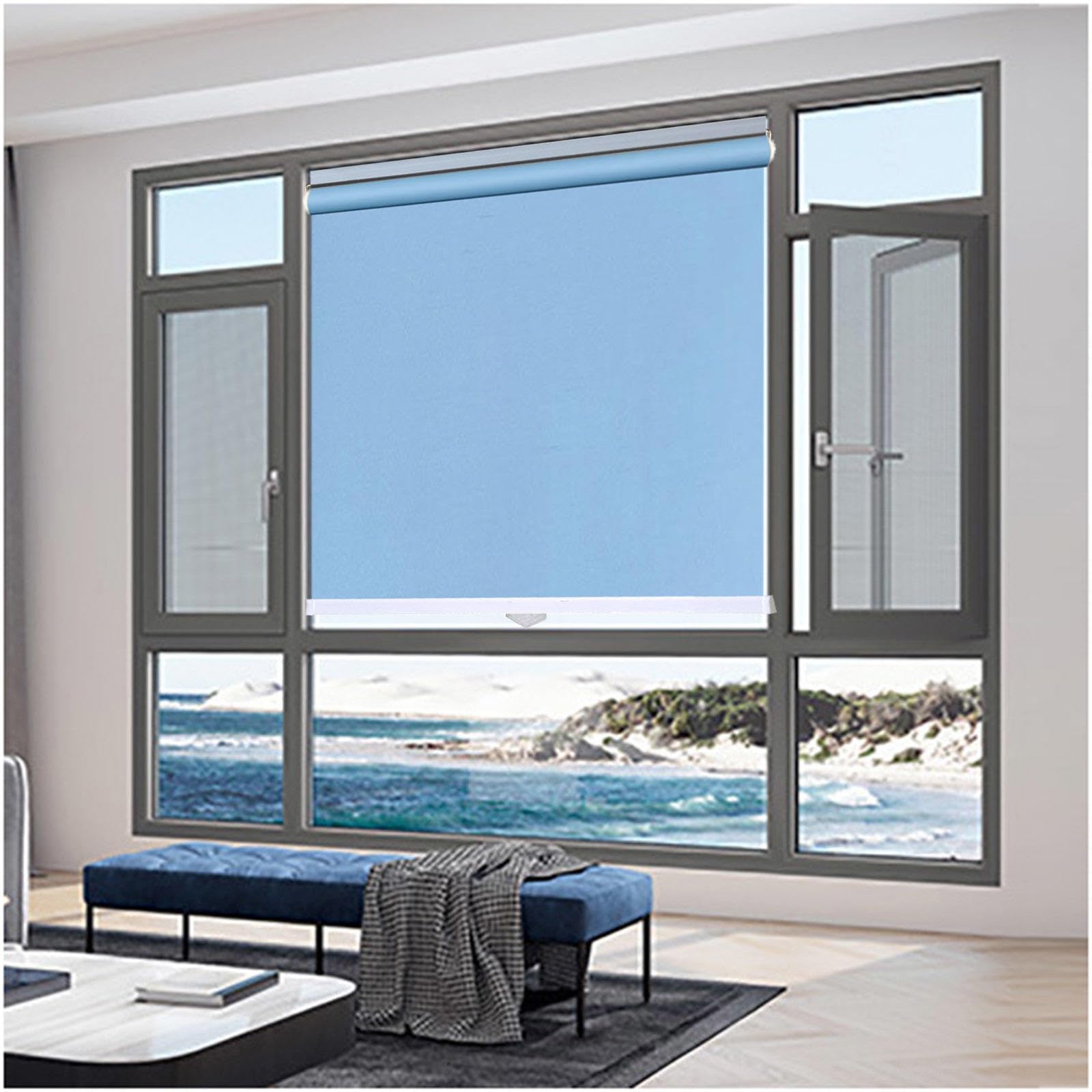 Blackout Roller Blinds No Drilling, Blackout Curtains 40/65/80/105/120cm, Thermal Window Roller Shades, Sunscreen Sunshade Roller Blinds for Doors Windows,blue-55x150cm/22 * 59in