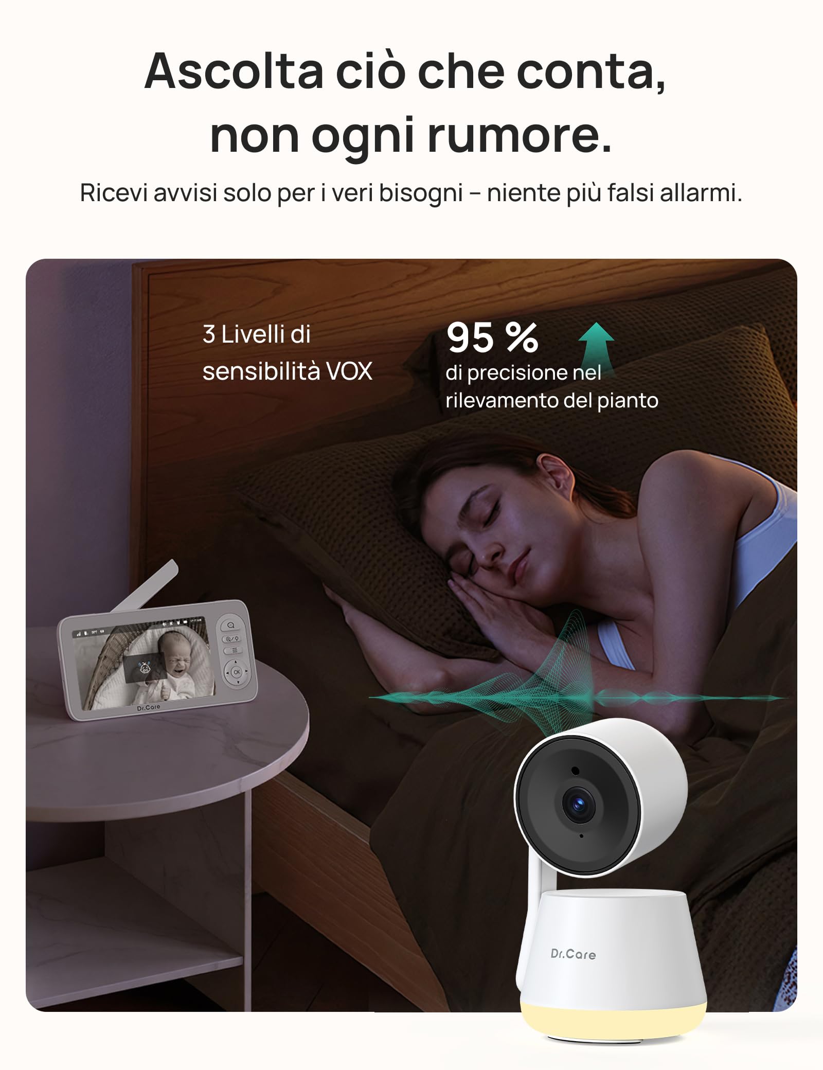 Dr.Care LumiView Plus Baby Monitor WiFi con Supporto Clip – Schermo 5.5", Telecamera 2K, Modalità Privacy, Batteria Rimovibile 5000mAh, Luce RGB (1 Telecamera + 1 Monitor + 1 Supporto Clip)