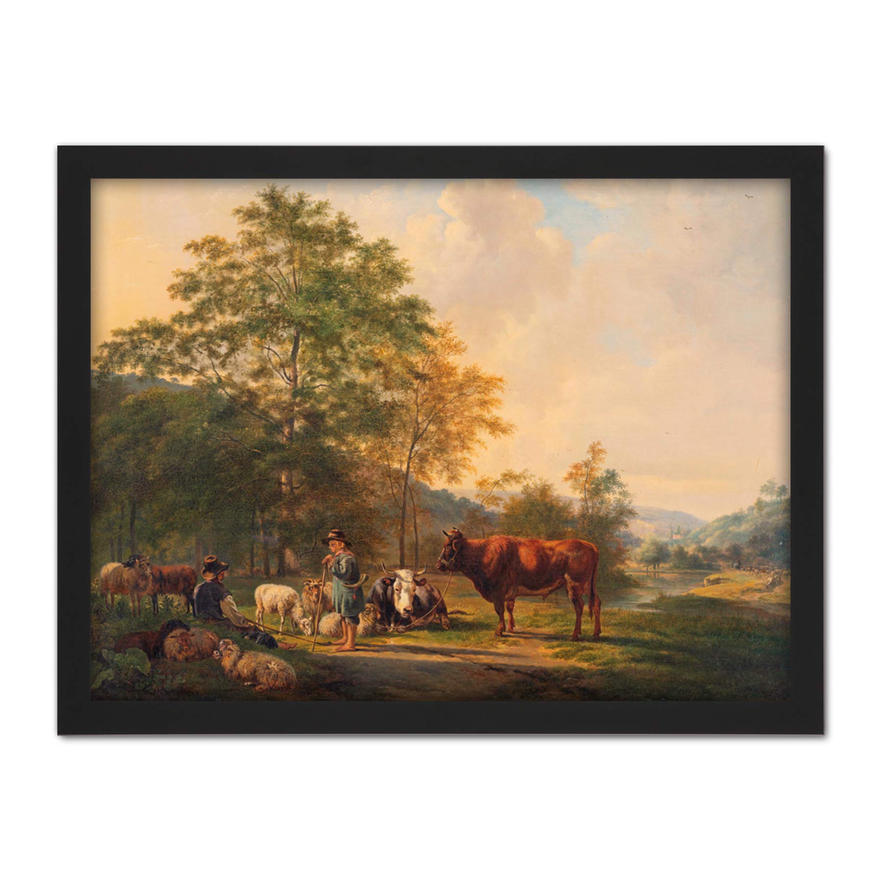 Artery8 Van Os Hilly Landscape Shepherd Cattle Painting Artwork Framed Wall Art Print 18X24 Inch