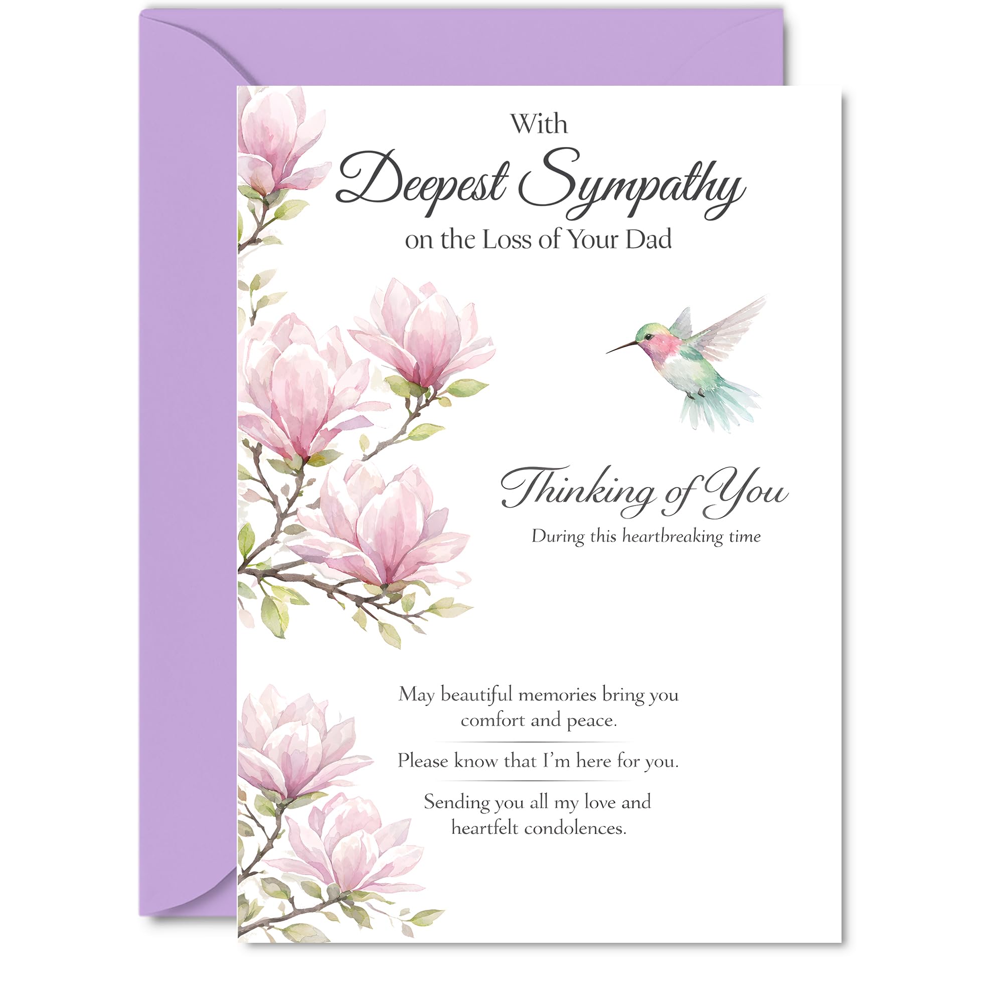 Comforting Sympathy Card - Loss of Dad - Gentle Words for a Difficult Time - Soft Pink Flowers and Hummingbird Illustration - 5X7 Inch, Envelope Included