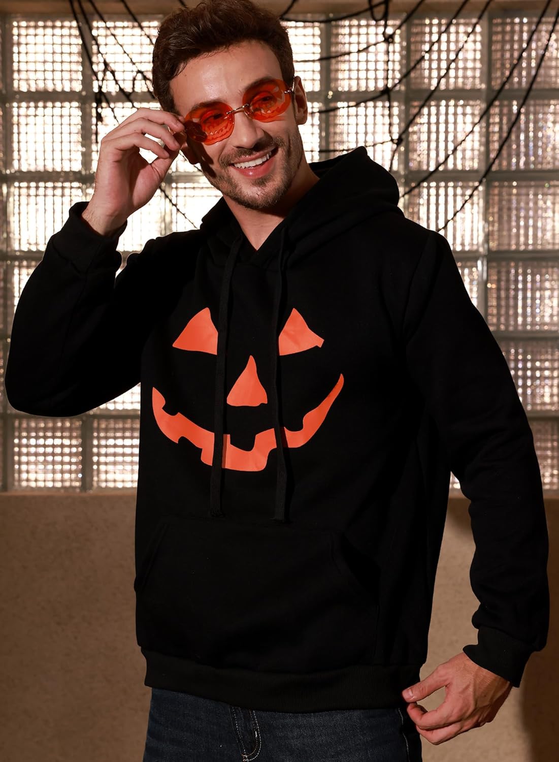 Arvilhill Men's Pumpkin Costume Black Pullover Hoodies Halloween Long Sleeve Ribbed Cuff Sweatshirt With Pocket Black XXL - Image 4