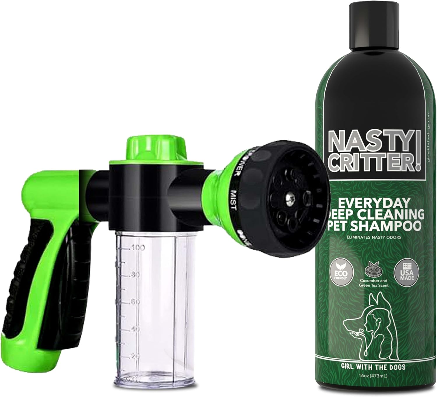 Girl With The Dogs Soap Dispensing Pet Wash Sprayer Nozzle and NASTY CRITTER! by Girl With The Dogs - Everyday Deep Cleaning Dog Shampo 16 oz