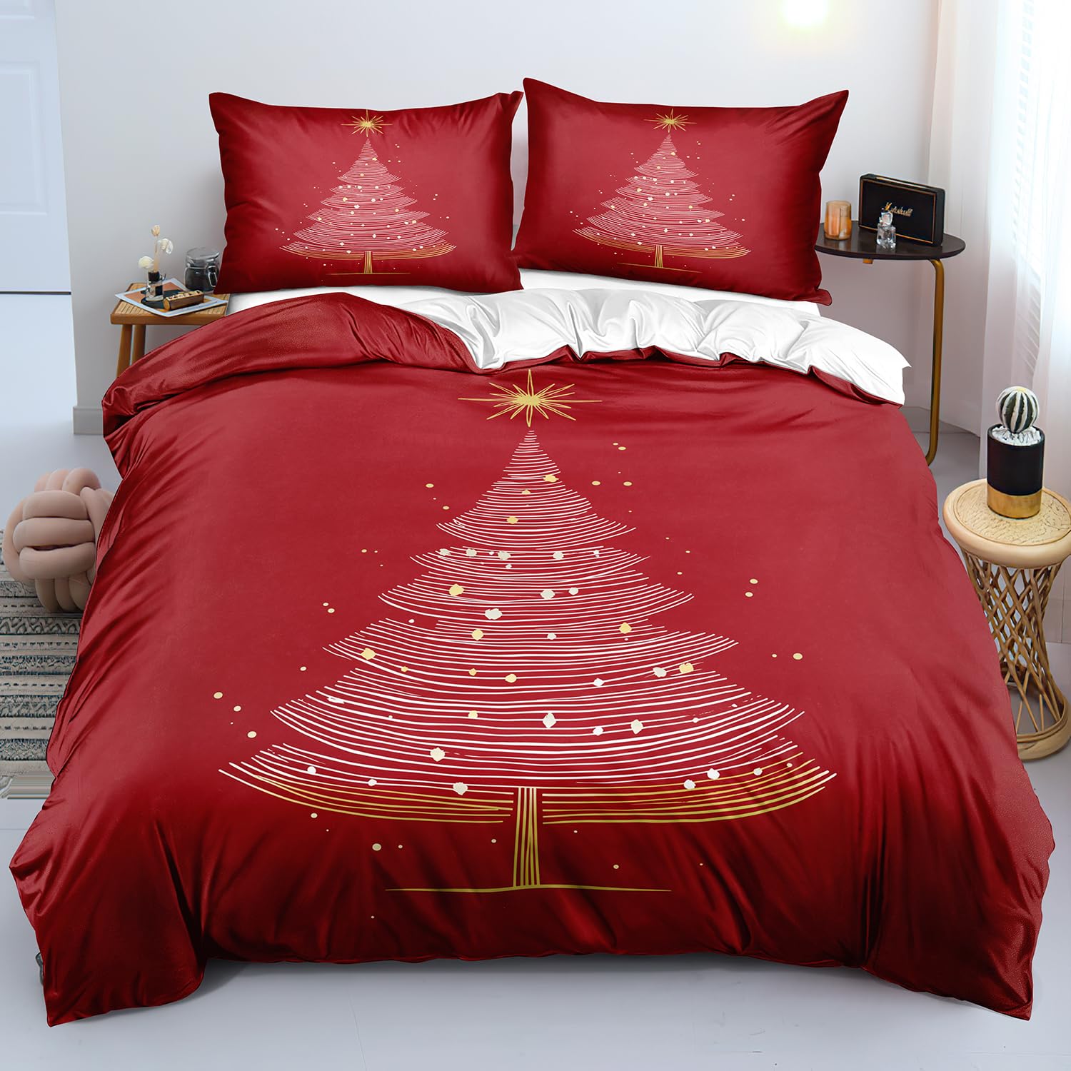 Housse de couette sapin de Noël fille rouge festive 260x240 avec taies