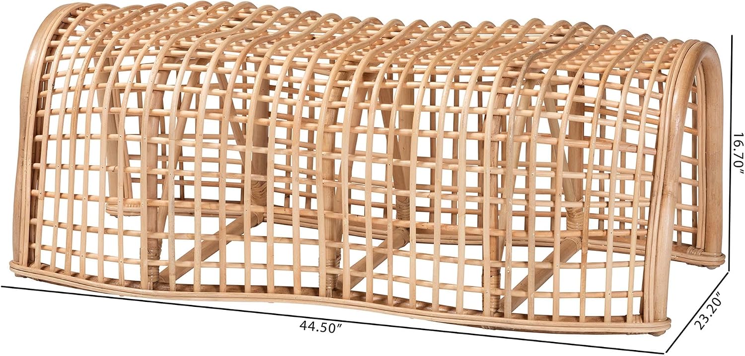 Bali & pari Daiki Natural Rattan Bench with Curved Frame - Lightweight Decorative Accent Seating for Entryway, Bedroom, or Living Room