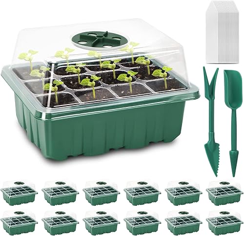 Paquete de 12 bandejas de semillas bandejas de plántulas con cúpula ajustable de humedad kit de cultivo de plantas de 144 celdas y base mini bandeja
