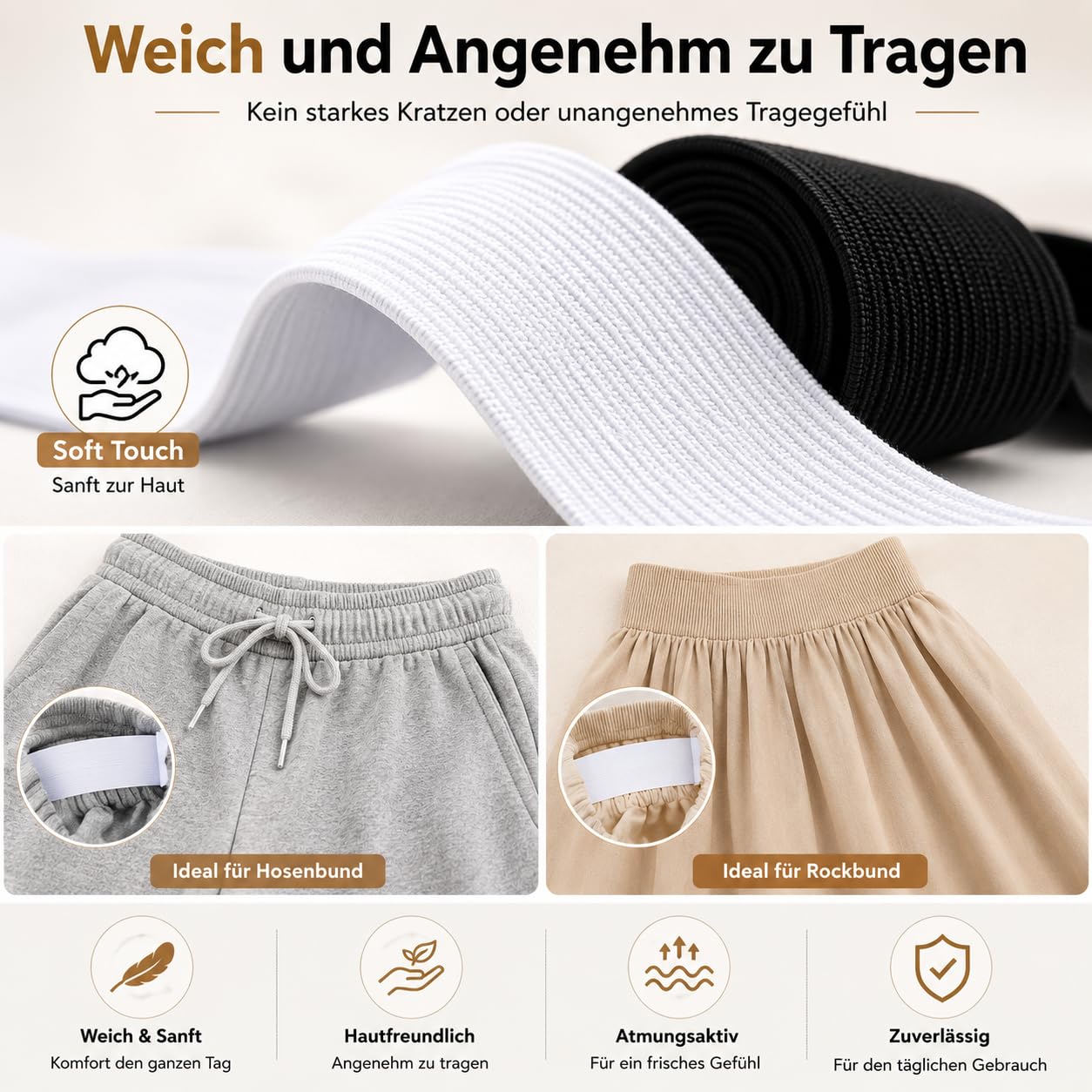 Gummiband Nähen 30 mm Breit, 20m Schwarz & Weiß Elastisches Band für Bund, Hosen, Perücken und DIY-Bastelprojekte