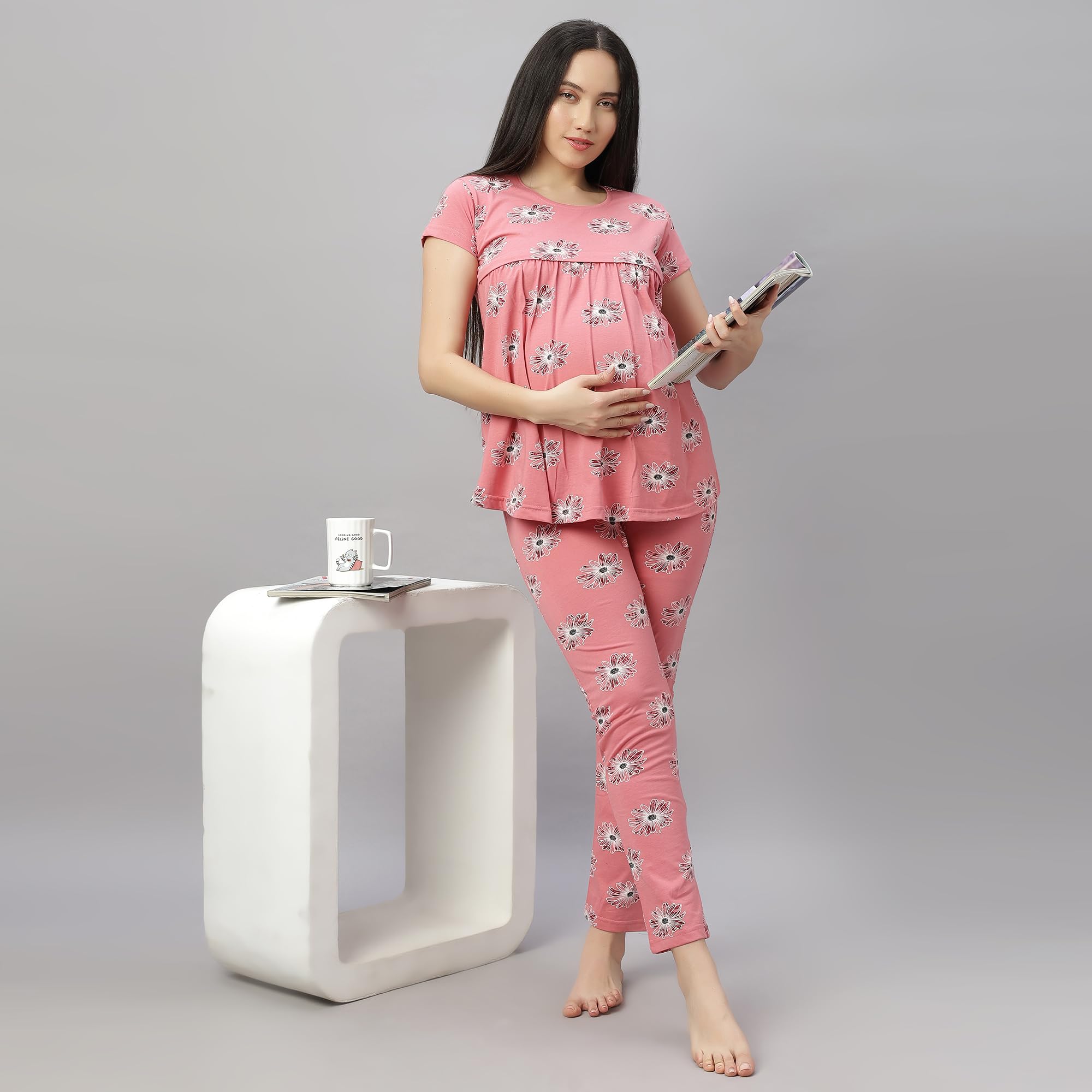 DZZO New Women's Cotton Printed Maternity Night Suit | Comfortable Feeding Night Dress | Soft & Breathable Nursing Pajama Set | Color - Peach, Size - M - Image 5 thumbnail