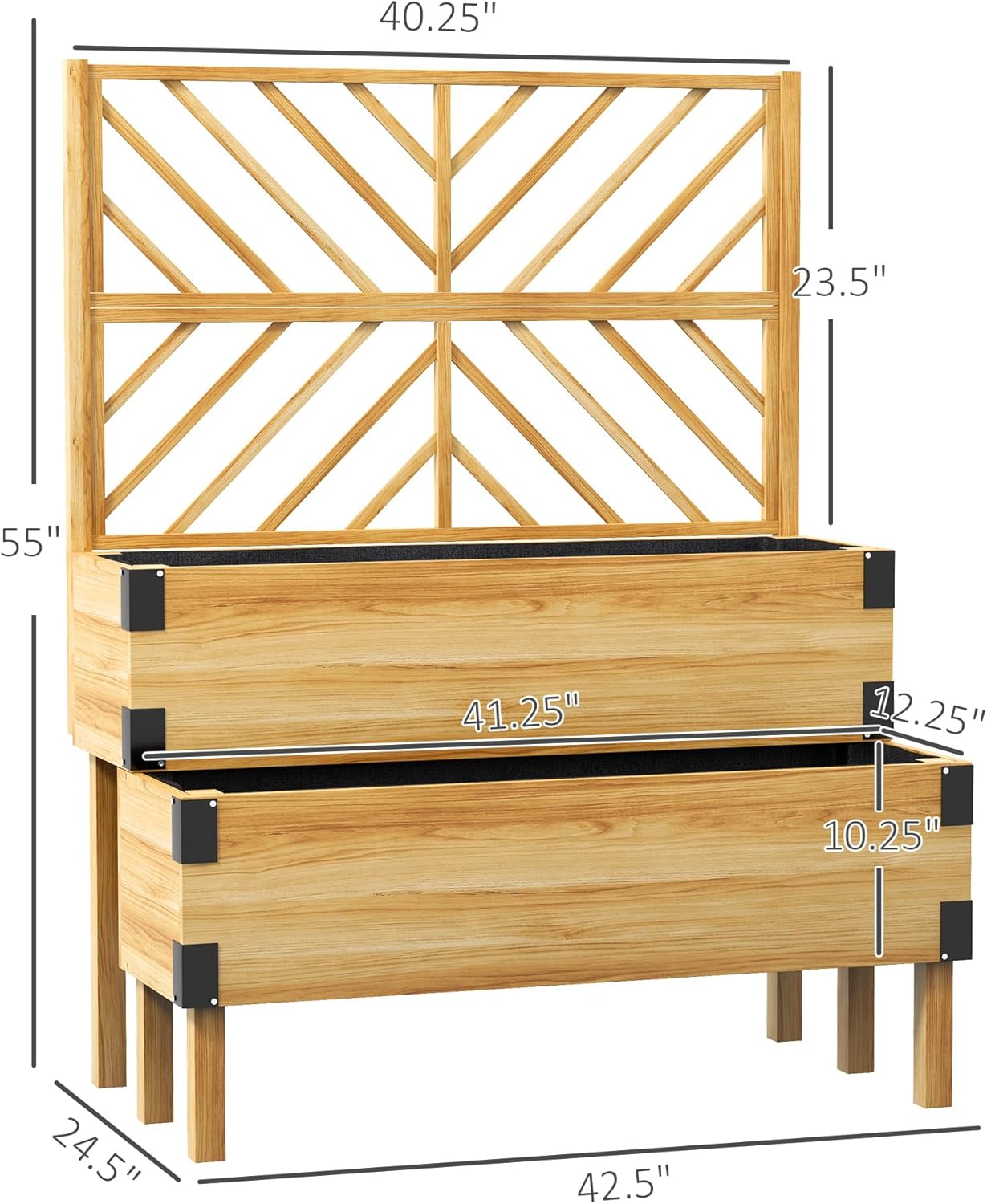 Outsunny Raised Garden Bed with Trellis, 2 Tier Wooden Elevated Planter Box with Legs and Metal Corners for Vegetables, Flowers, Herbs, Natural