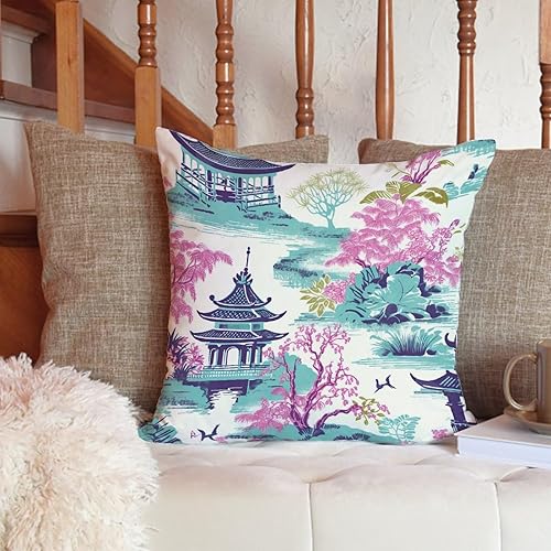 Miniatura 6 de ArogGeld Funda de cojín de estilo japonés asiático, pagoda azul aguamarina, coral y rosa, funda de cojín para sofá, pagoda asiática, verde azulado,