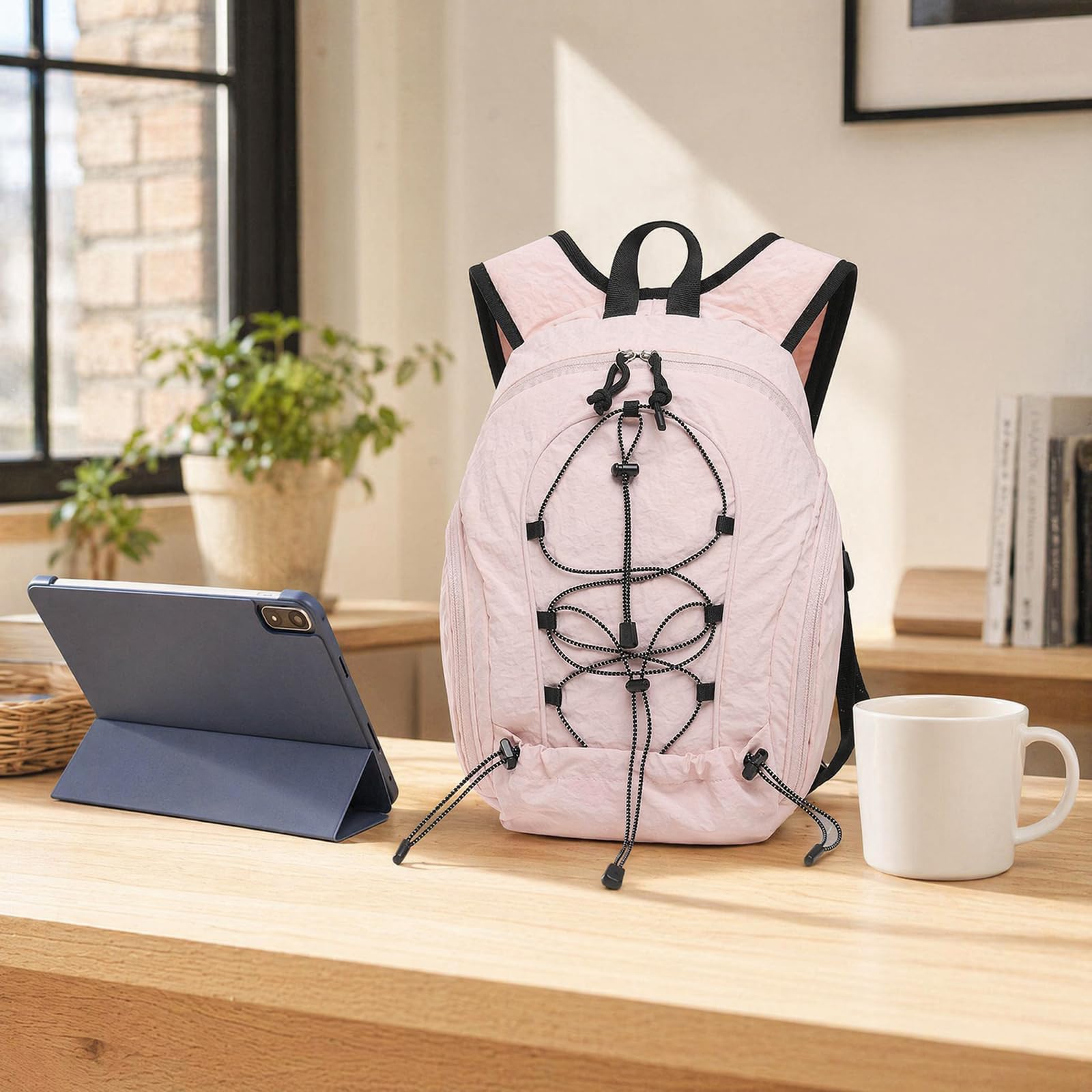Zaino a cordone in nylon ultra leggero per le donne, sacchetto da viaggio casual da 12 pollici, cinghie curve borsa a spalla di moda di strada alla moda