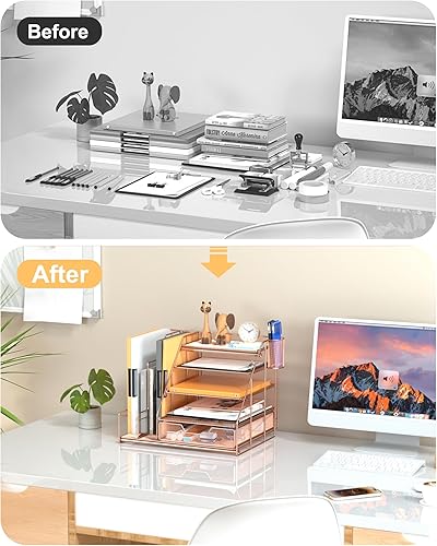 Miniatura 4 de Organizador de escritorio de oro rosa y almacenamiento de accesorios con bandeja de papel de 5 niveles, organizador de escritorio de malla con