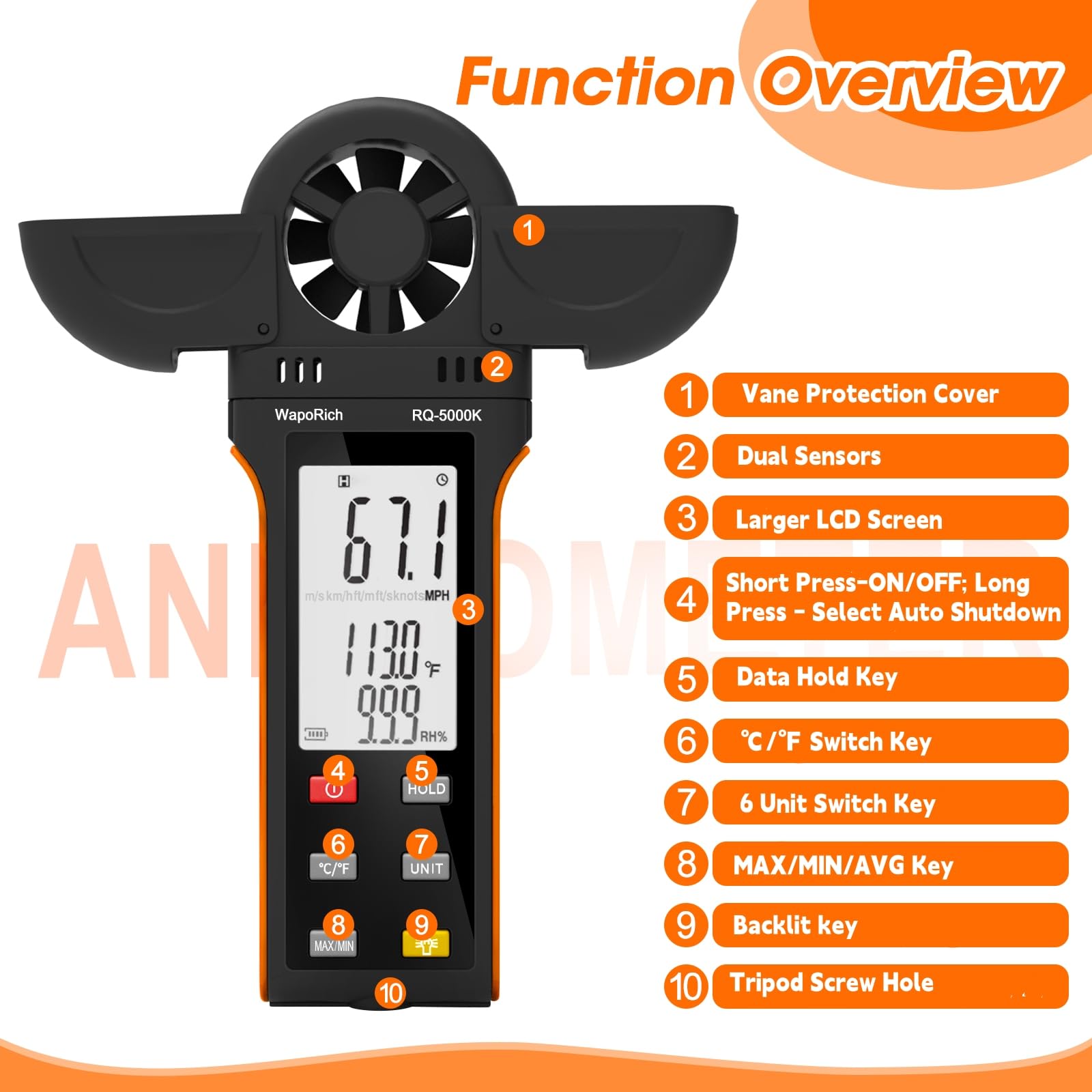 Anémomètre numérique WapoRich - Mesure de l'humidité / de la température / de la vitesse du vent avec MAX/MIN/AVG - Pour HVAC, voile, surf, drone - RQ-5000 K