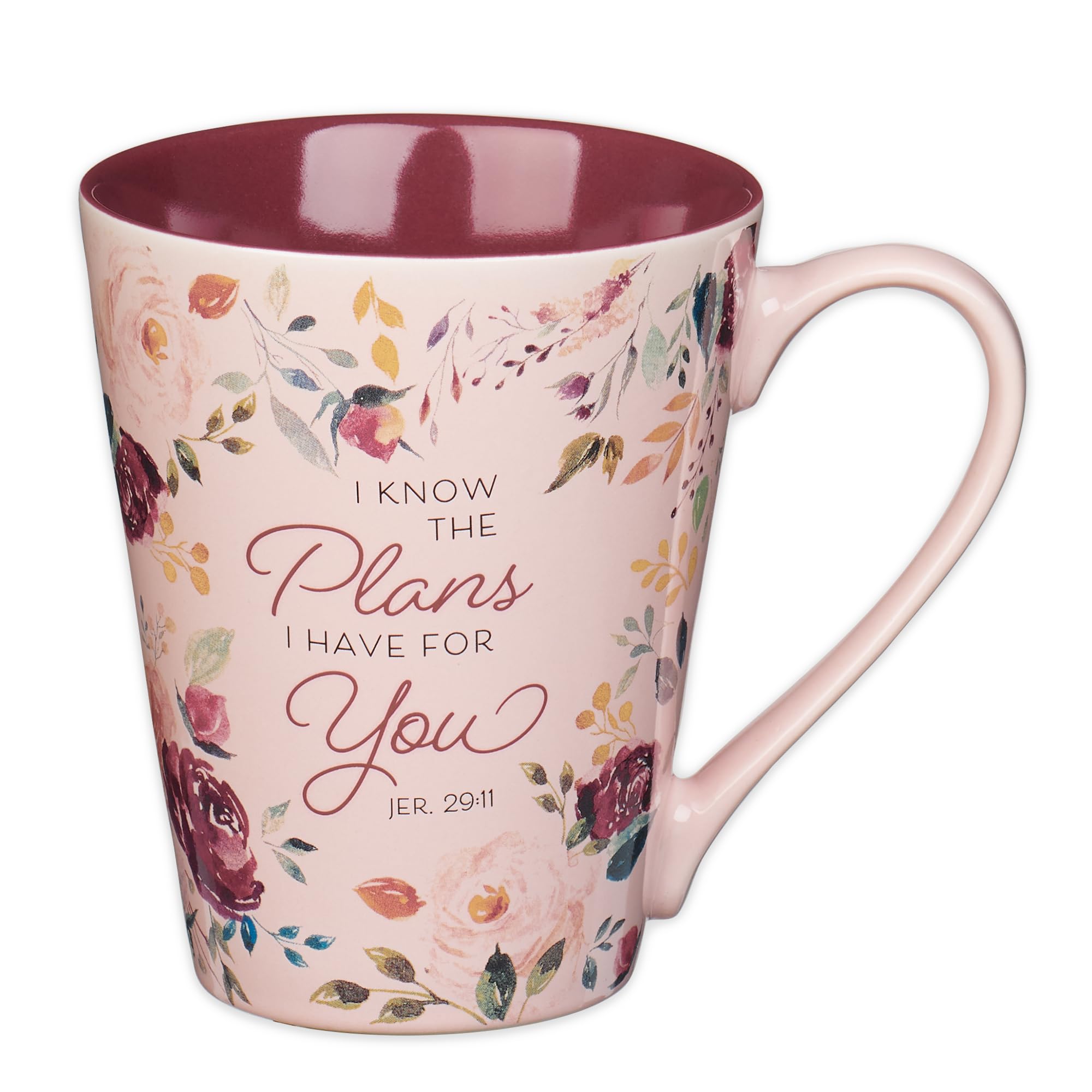 Christian Art Gifts Comforting Rosy Ceramic Scripture Coffee & Tea Mug for Women: I Know the Plans - Jeremiah 29:11 Inspirational Bible Verse Novelty Hot & Cold Beverage Cup, Pink/Plum Floral, 14 oz.