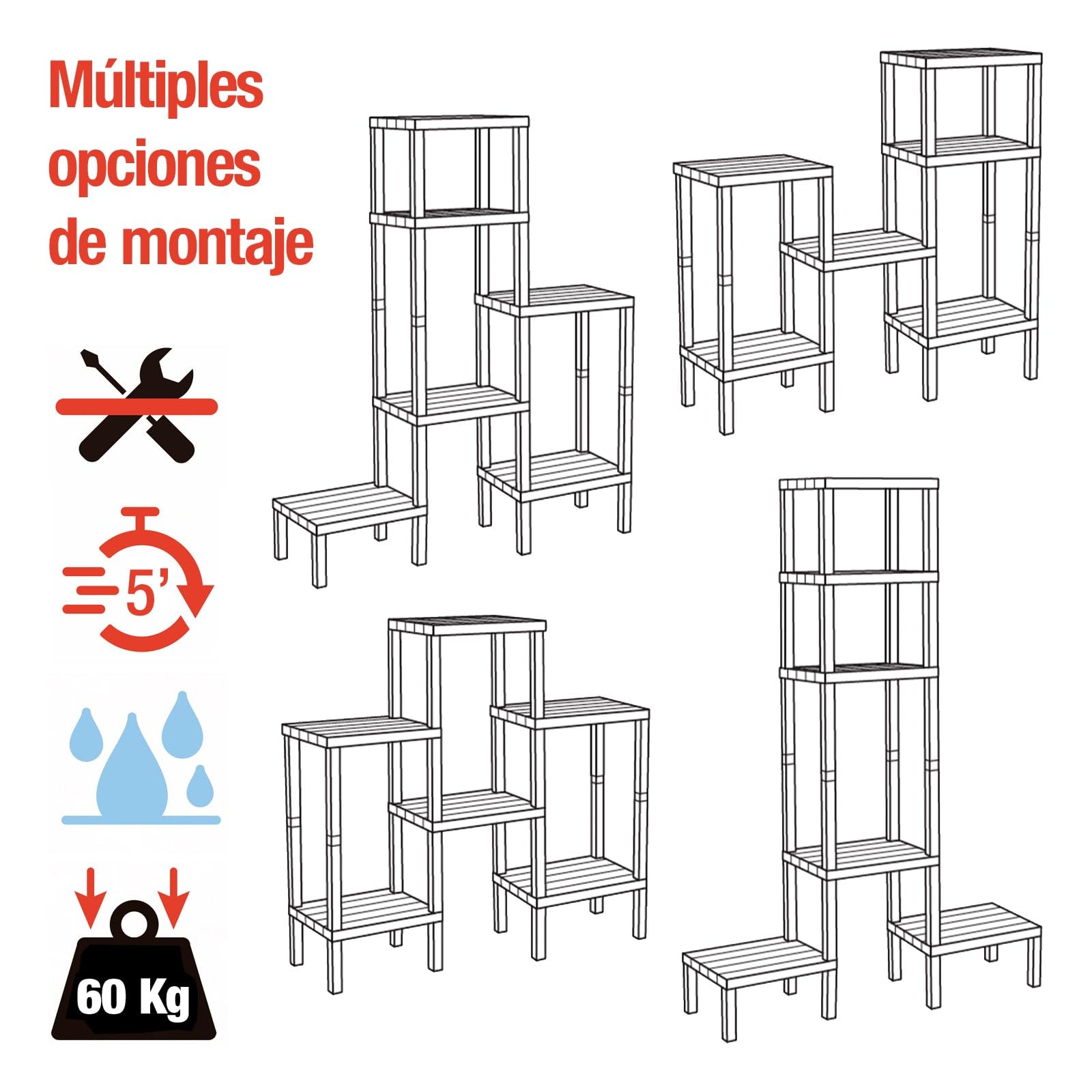 Tatay 1201500 Estantería Lombok Modular, 6 estanterías, de Polipropileno, Libre de BPA, Acabado Efecto Madera, Max 10KG por Balda, Fácil Montaje. Color Marrón, Talla Única