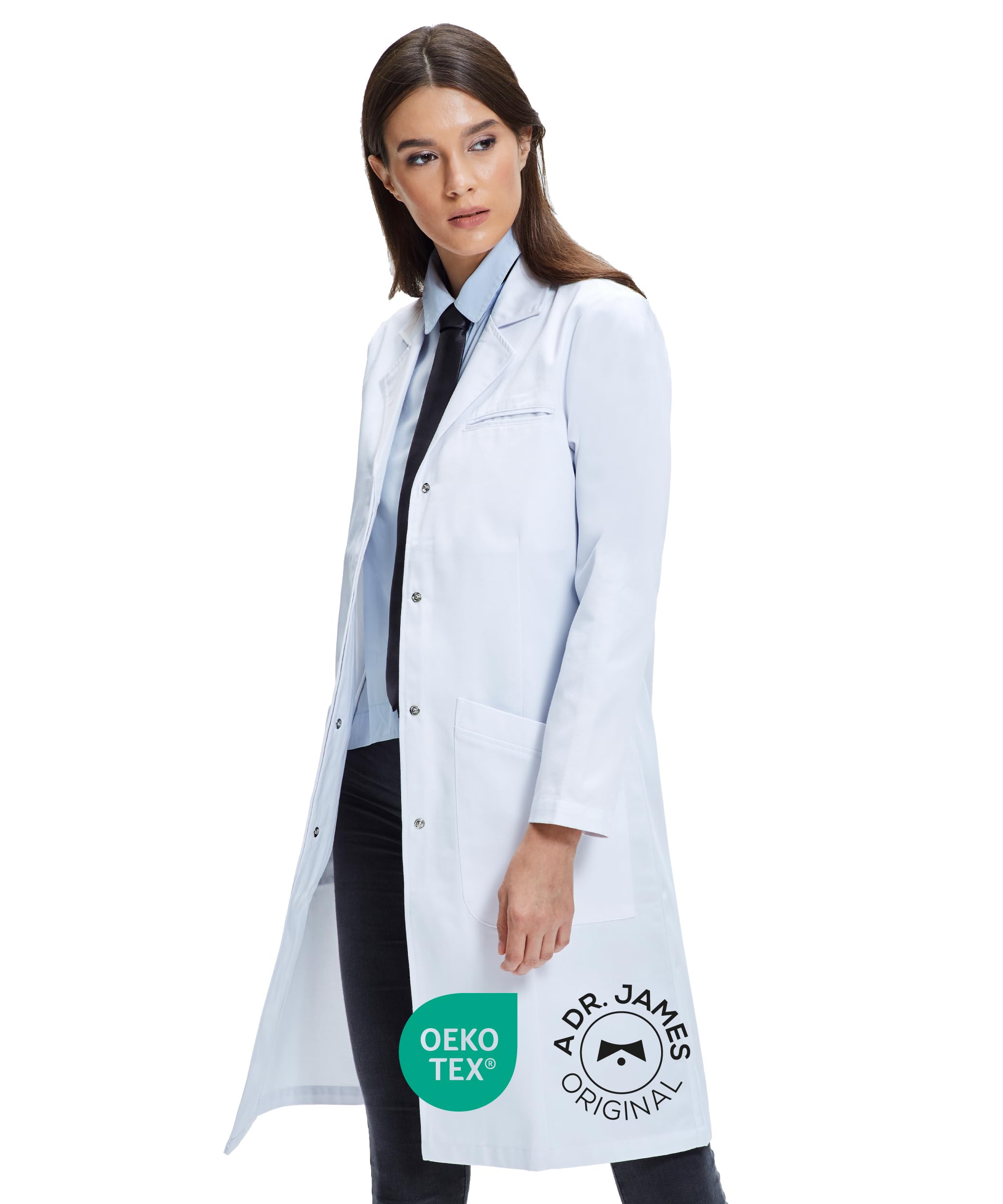 Dr. James 100% Cotton Premium Lab Coat for Women, Multiple Pockets, Classic Fit, Concealed Snap Closing, 37" Length
