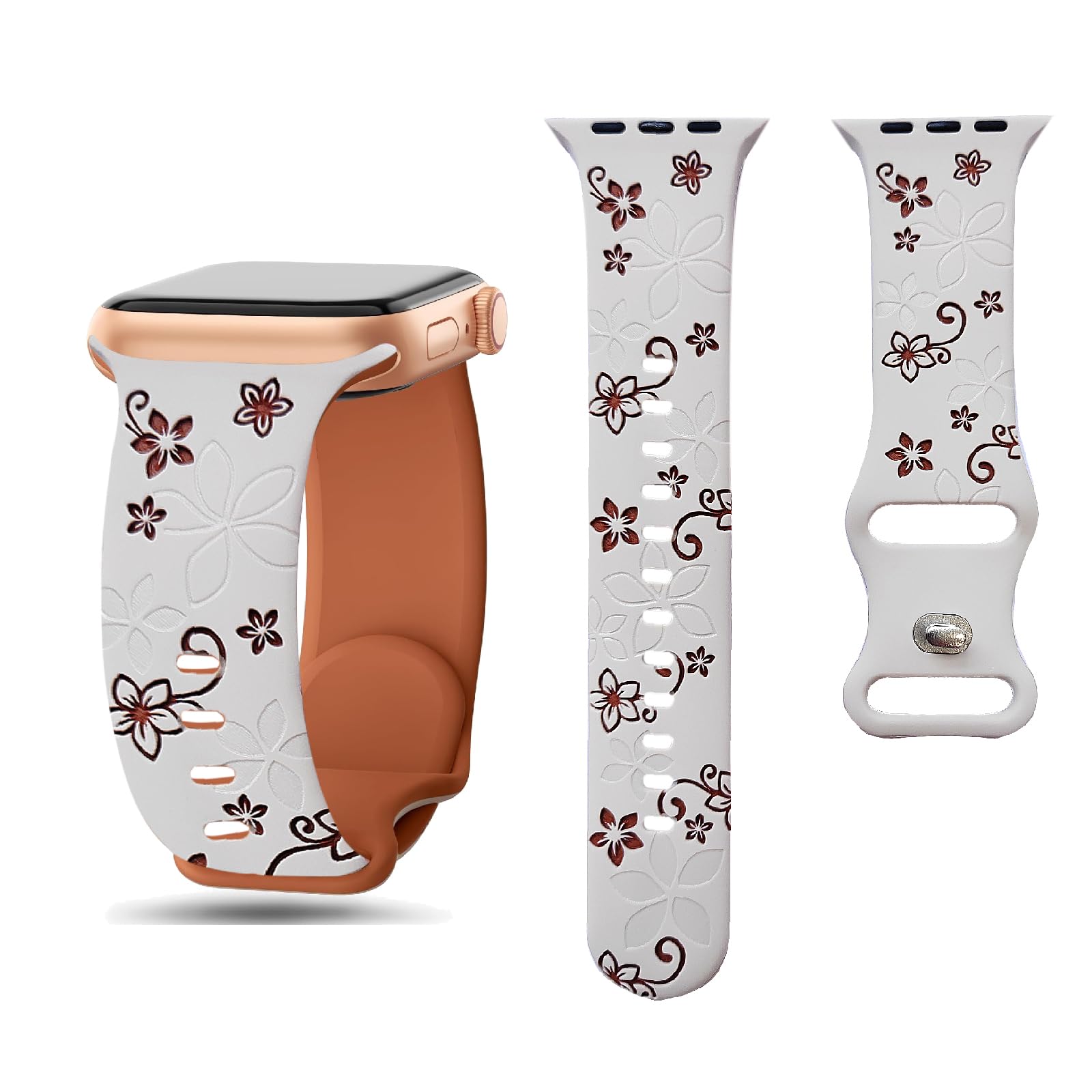 Floral engraved strap, Compatible with Apple Watch Bands for Women 38mm 40mm 41mm 42mm 44mm 45mm 49mm, Silicone Flower Printed Fadeless Pattern Design Strap for iWatch Series 9,8,7,6,5,4,3,2,1,SE