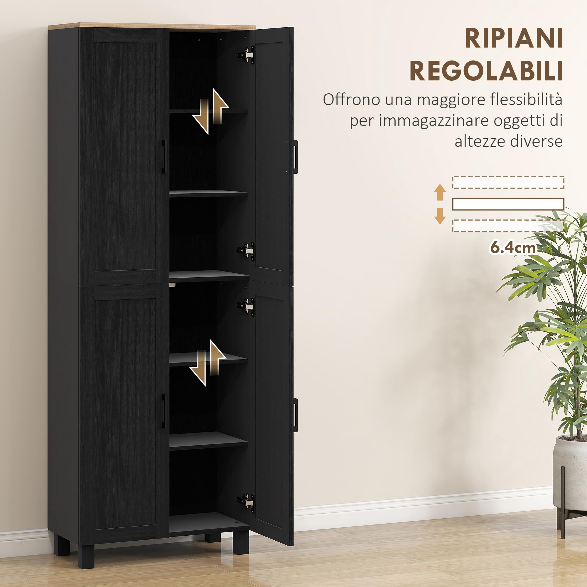 HOMCOM Credenza Cucina Alta, Mobile Dispensa con 4 Ante, 2 Armadietti, 5 Ripiani Regolabili, Mobile Cucina Moderno per Sala da Pranzo Soggiorno, 60x30x170.5 cm, Nero
