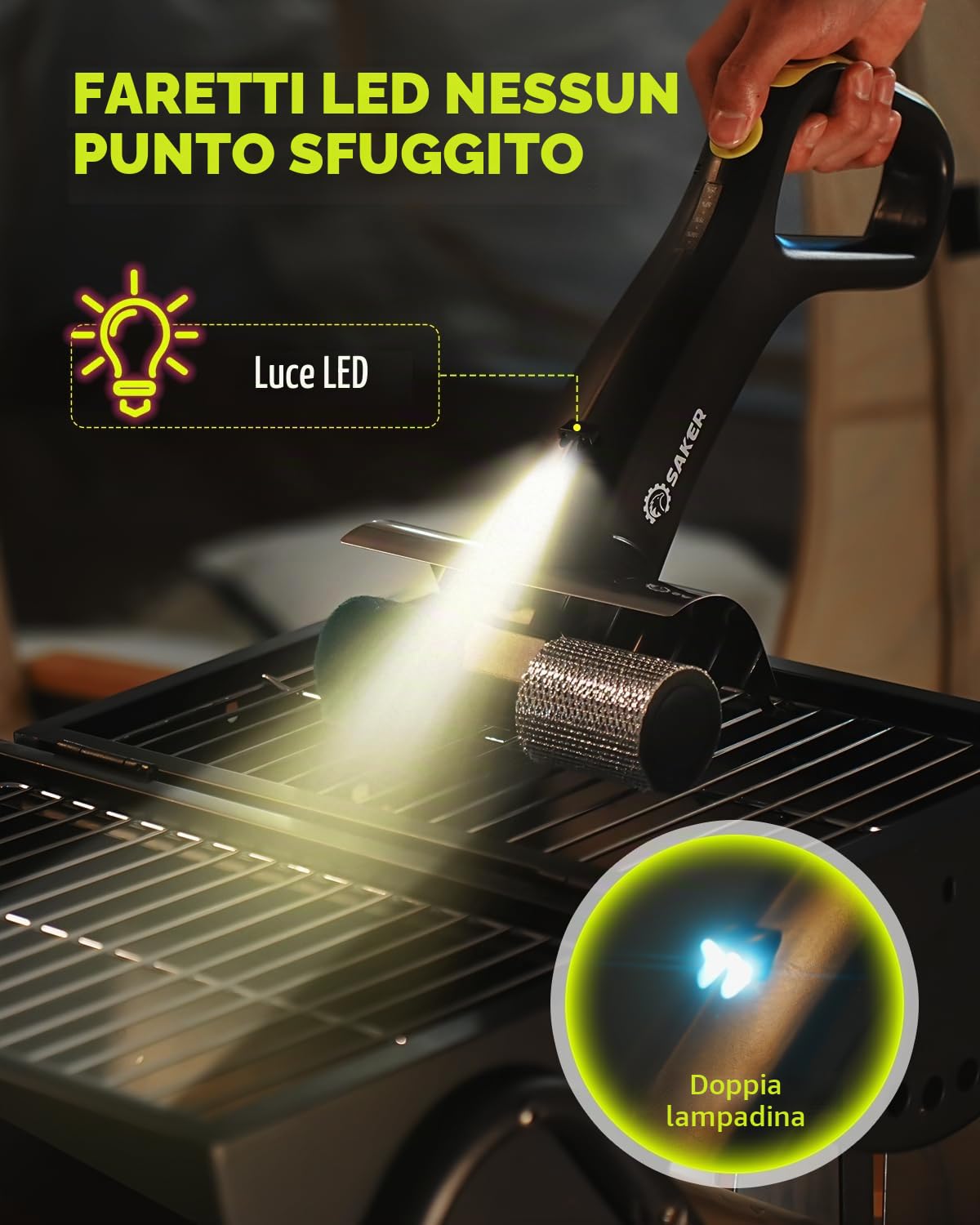 Saker Spazzola Elettrica per Griglia per Griglia Esterna, Spazzola Automatica per la Pulizia della Griglia Senza Setole con 450 RPM e Luce LED, Set di Spazzole Grill Rescue BBQ con 3 Testine