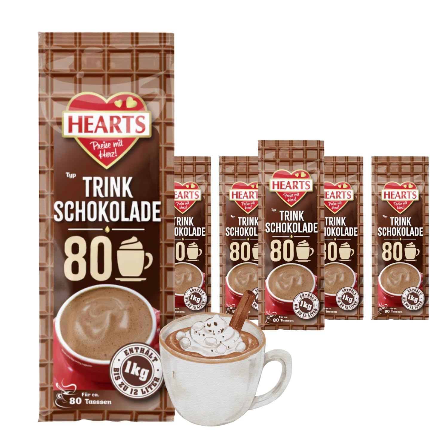 Hearts czekolada do picia, 5 x 1 kg lnstant Drinking Chocolate w proszku, łatwo rozpuszczalna, mleczna, kremowa, 5 sztuk, wystarcza na 400 filiżanek