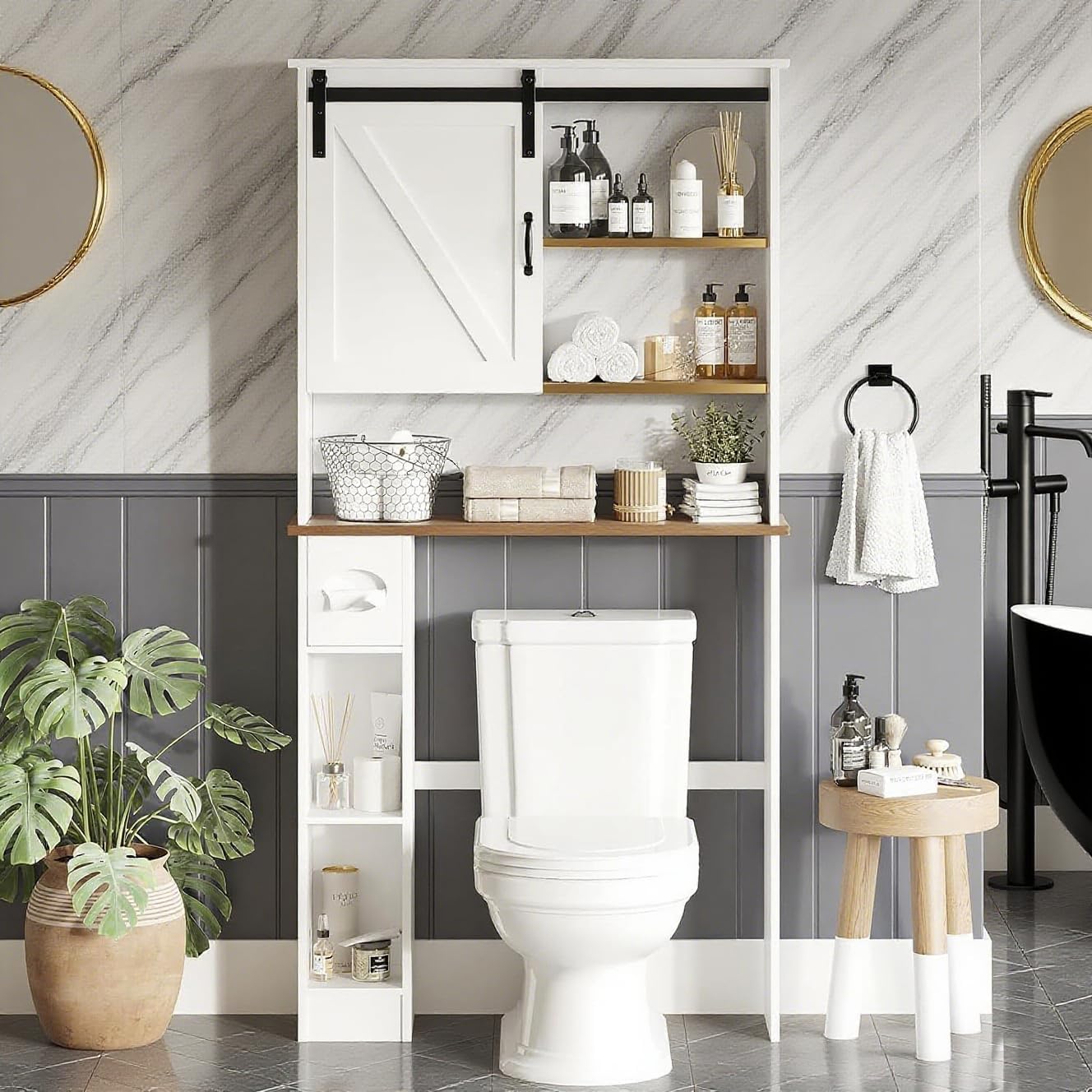 Over The Toilet Storage Cabinet with Barn Doors - Bathroom Stand Over Toilet with Tissue Hook and Adjustable Shelves,for Bathroom,Entrance Foyer,Laundry Room,White