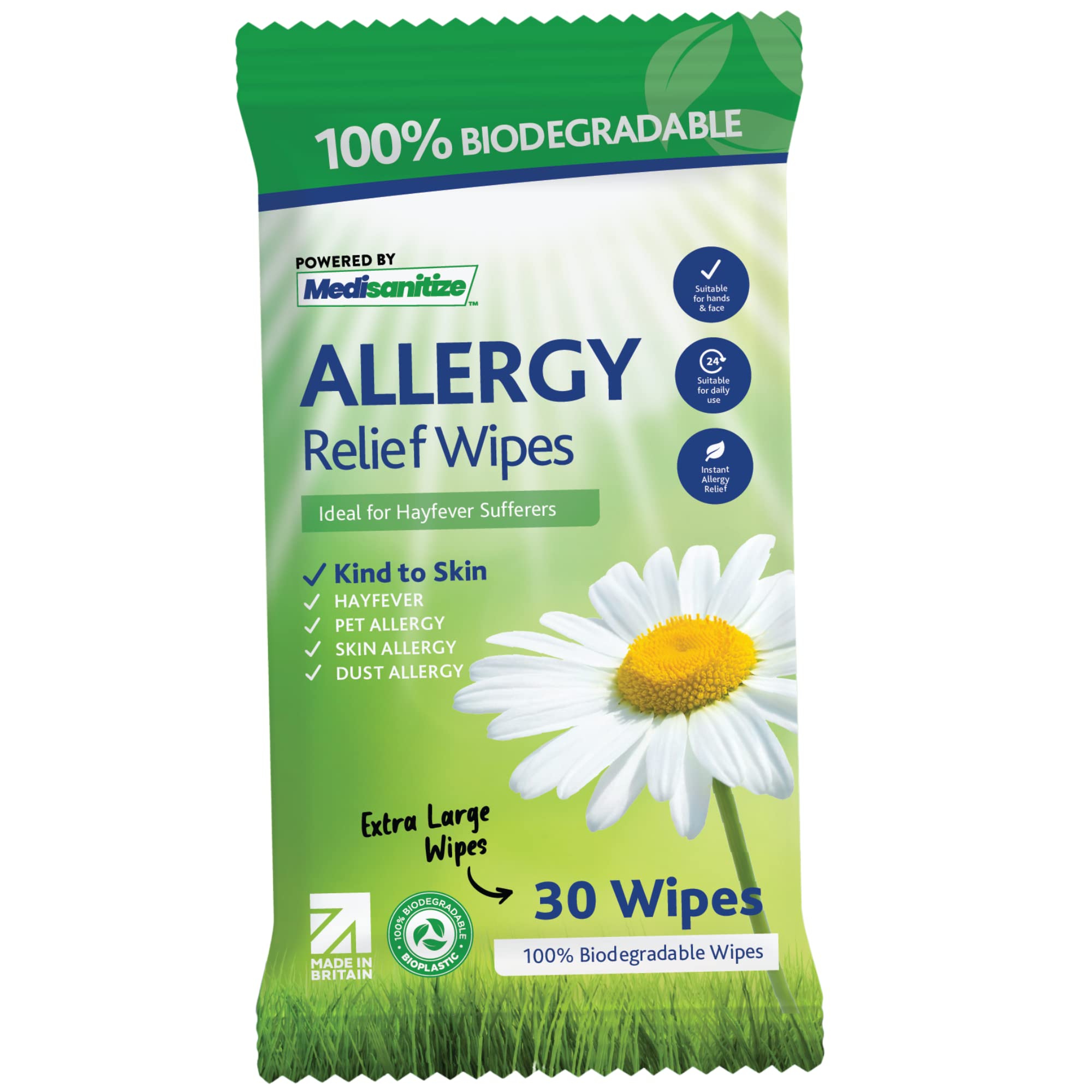 Hayfever Allergy Relief Wipes for Daily Use: Instant Action for Allergies to Pollen, Pets, Dust: Biodegradable Alternative to Nasal Spray: 30 Extra Large Wipes with Peppermint and Tea Tree Oil