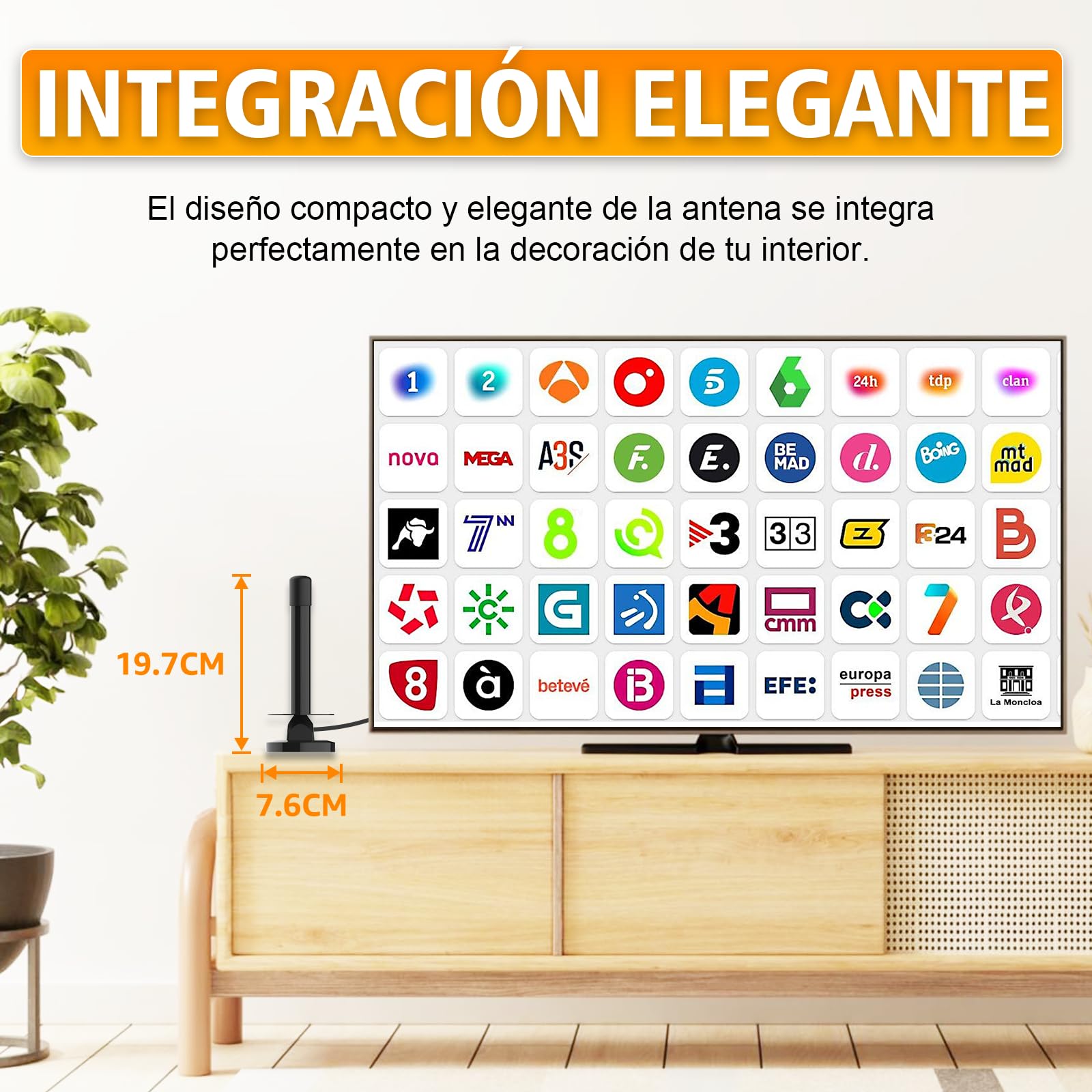 Antena TV Interior Potente con Amplificador – Antena TDT HD 4K/1080p, Recepción 360° Estable, Base Magnética Fuerte, Instalación Rápida, Compatible DVB-T2/DVB-T, Sin Suscripción