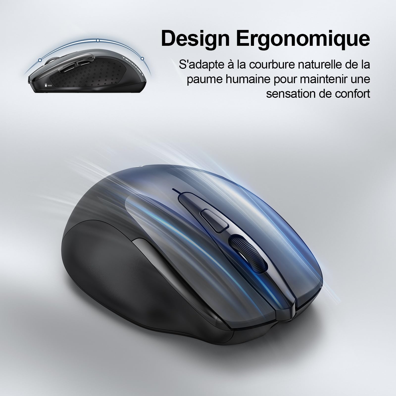 TECKNET Souris sans Fil Rechargeable Silencieuse 4800 DPI 6 Boutons Ergonomiques USB 2,4G Gris