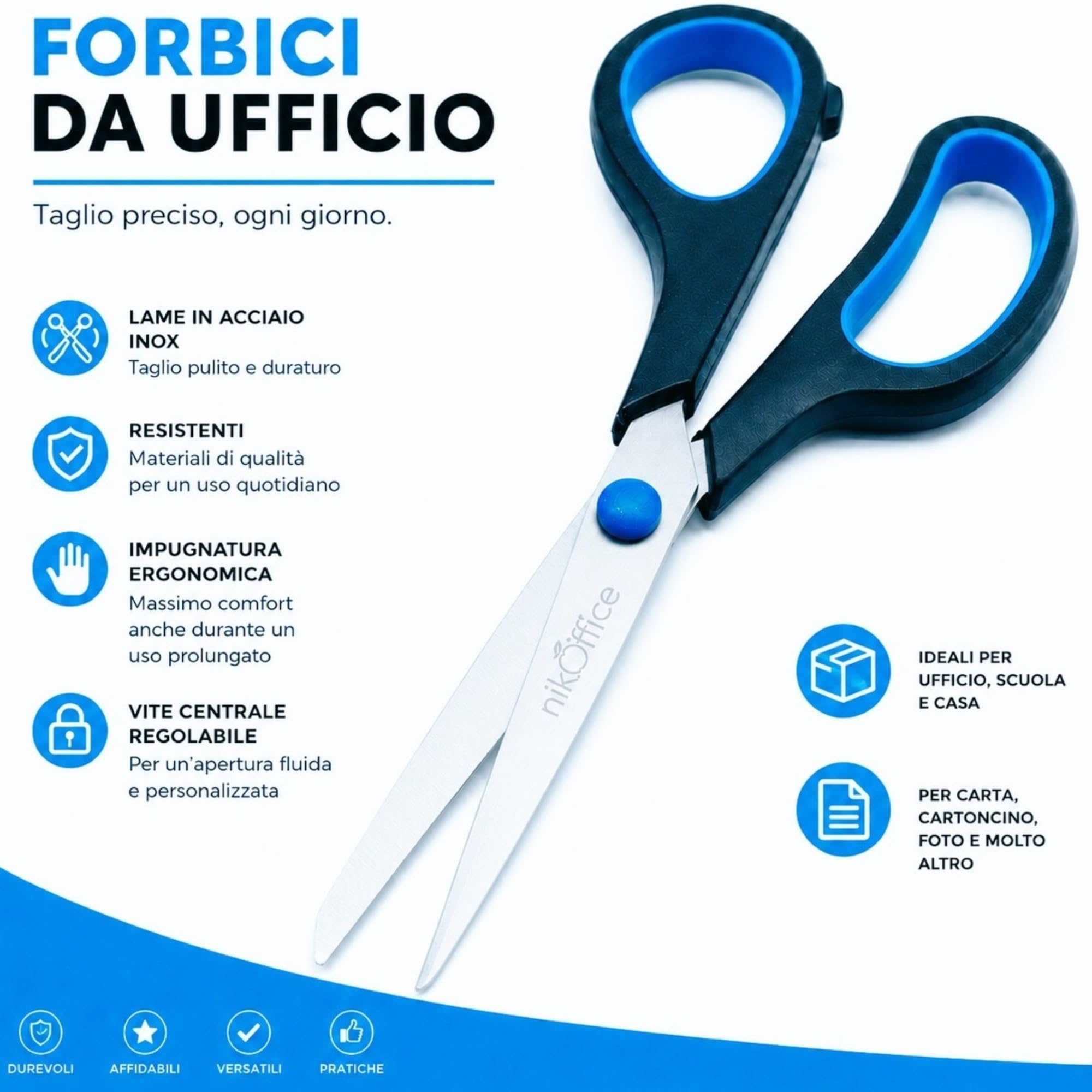 Forbici Professionali 20cm Acciaio Inox Multiuso - Taglio Preciso Carta e Cartone, Impugnatura Ergonomica per Ufficio e Uso Quotidiano