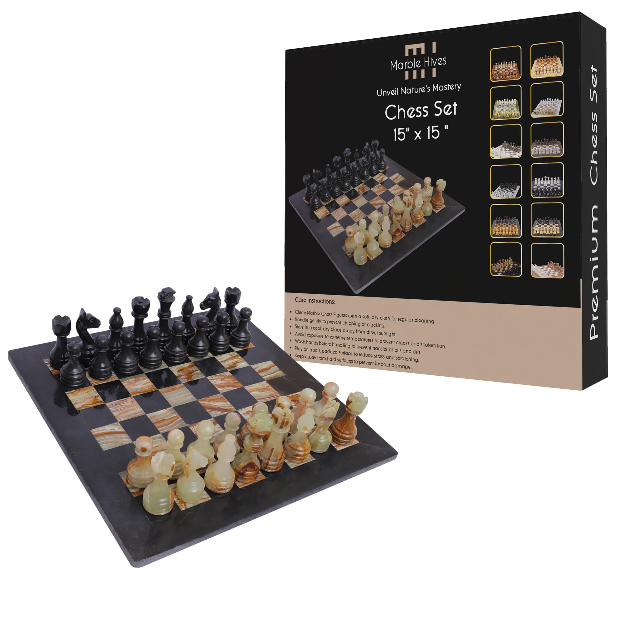 Juego de ajedrez de mármol hecho a mano, negro y ónix (15 x 15 pulgadas), juegos de ajedrez para adultos, tableros de ajedrez de alta calidad, tableros de ajedrez elegantes (15 x 15 pulgadas sin damas