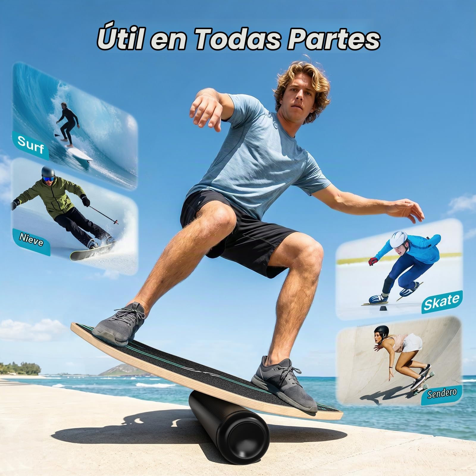 Sportneer Surfin - Tabla de equilibrio para adultos 8 en 1 – Entrenador de equilibrio con rodillo, pelota de goma y semiesfera, tabla de equilibrio de madera para entrenamiento de núcleo, surf, esquí