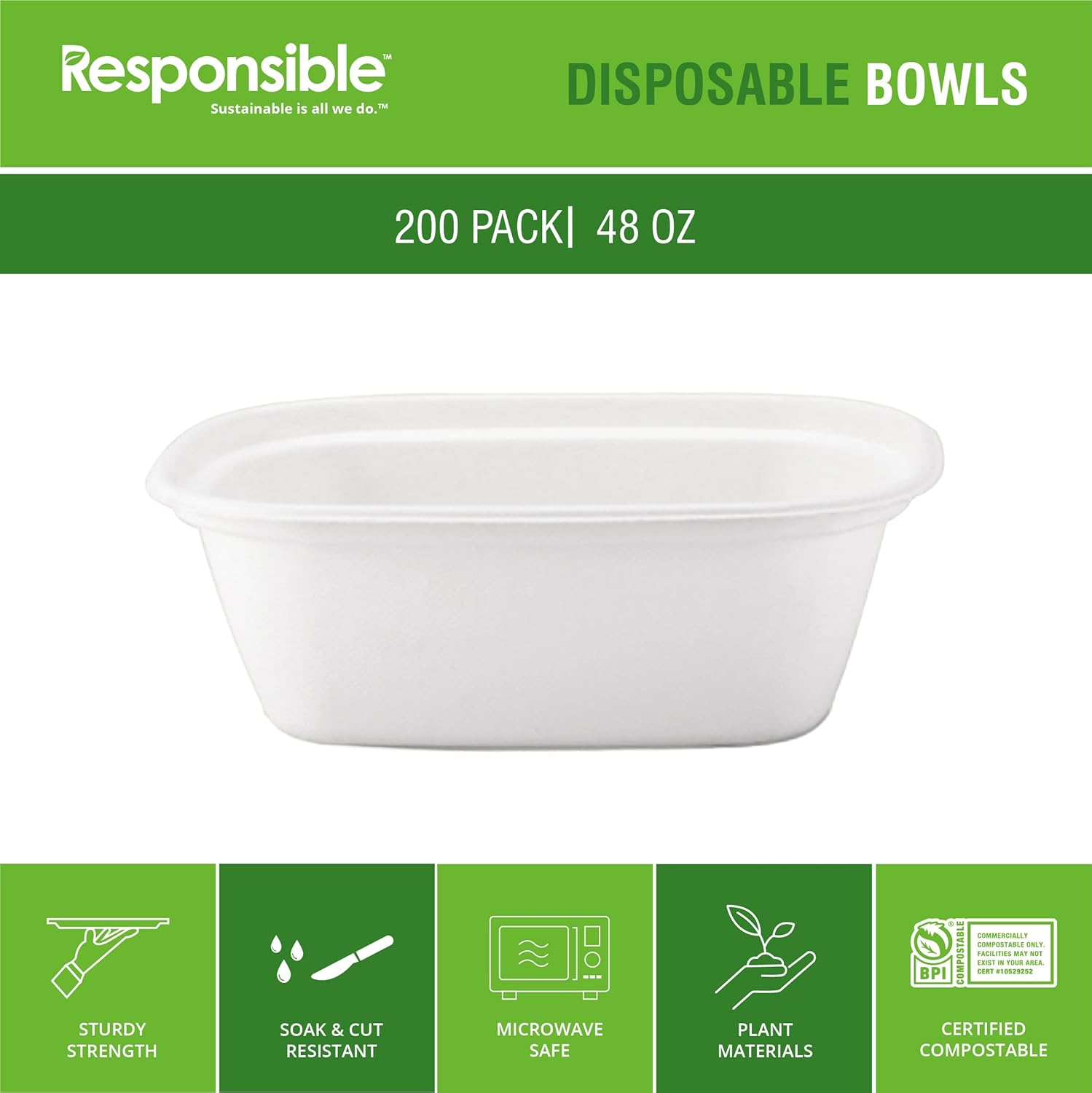Responsible Products 48 oz Rectangle Bowls I Tree-Less™ Compostable Molded Fiber Disposable Bowls I Extra Strength I NO-PFAS I Classic White (200 Count)