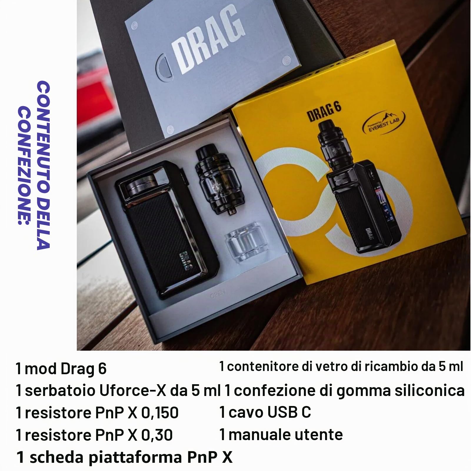 For VOOPOO Drag 6 Kit 220 W Mod (Nero) Batteria da 4400 mAh | 5 ml Serbatoio UFORCE X Tank II | PnP X Coil 0,15Ω e 0,3Ω | Rotella di regolazione di precisione | Schermo TFT da 1,66'' - No Nicotine