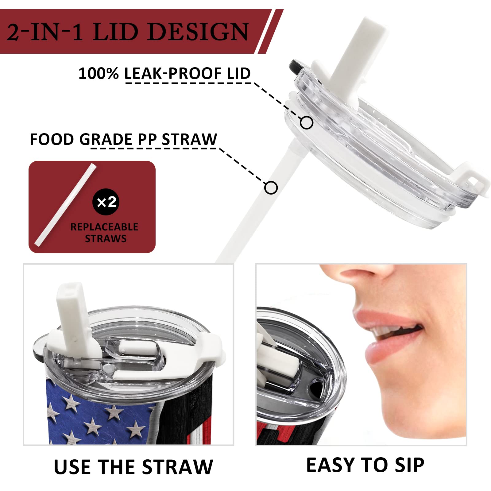 Isolierbecher Mit USA-Flagge Design, 590 Ml Edelstahl – Inkl. Deckel & 2 Strohhalmen – Perfekt Für Unterwegs