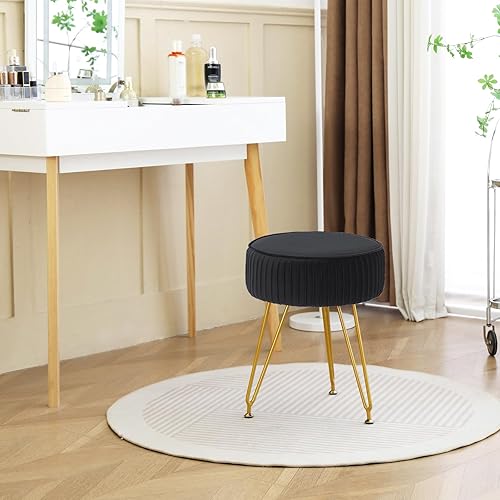 Miniatura 6 de ALeesing Taburete de tocador de terciopelo, taburete otomano de maquillaje con gran almacenamiento, reposapiés redondo con 4 patas de metal y pies