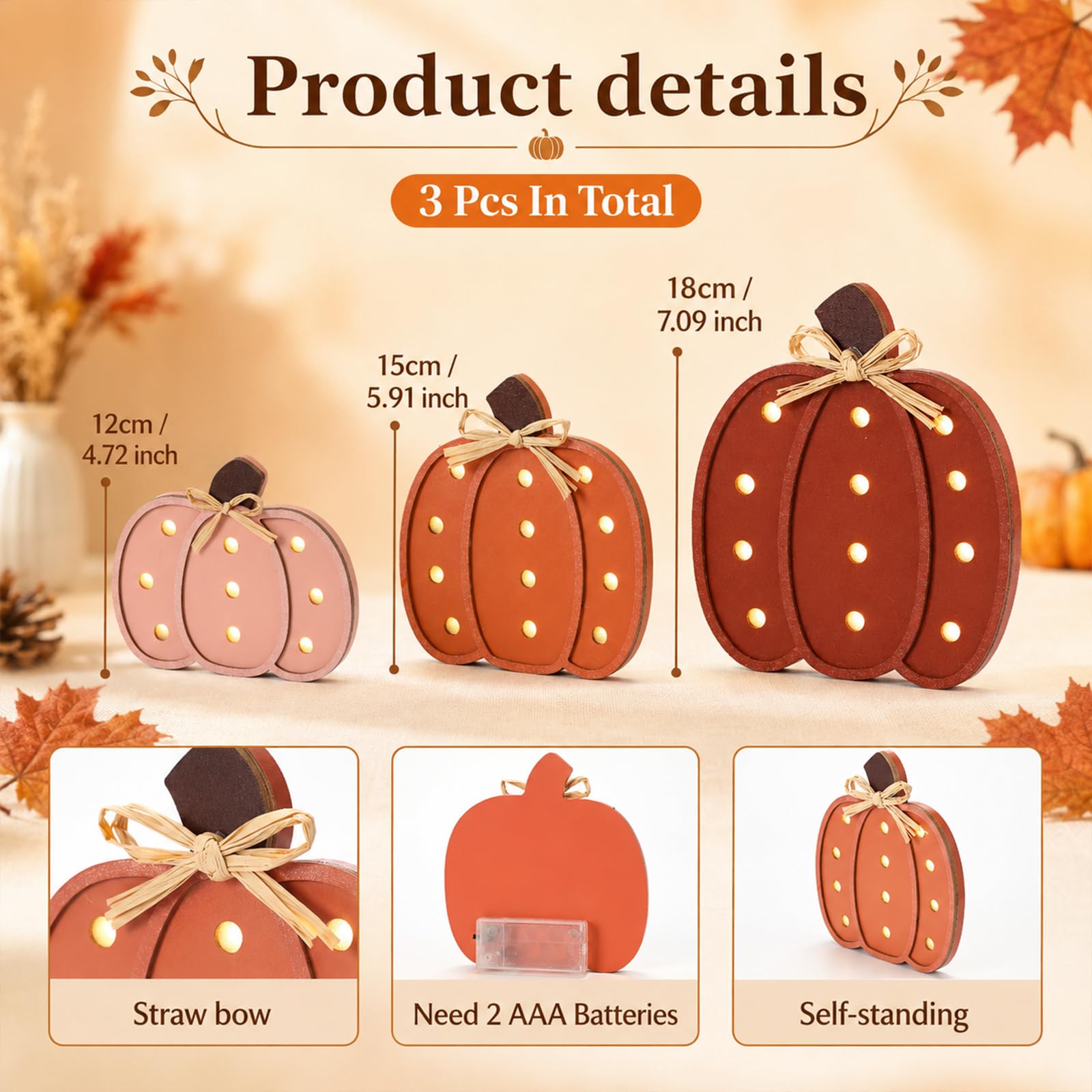 Youyole 3 decorazioni autunnali per la casa, zucche in legno rosa con fiocco, a batteria, decorazione rustica per il raccolto per il Ringraziamento, Halloween, casa, cucina, decorazione da tavolo