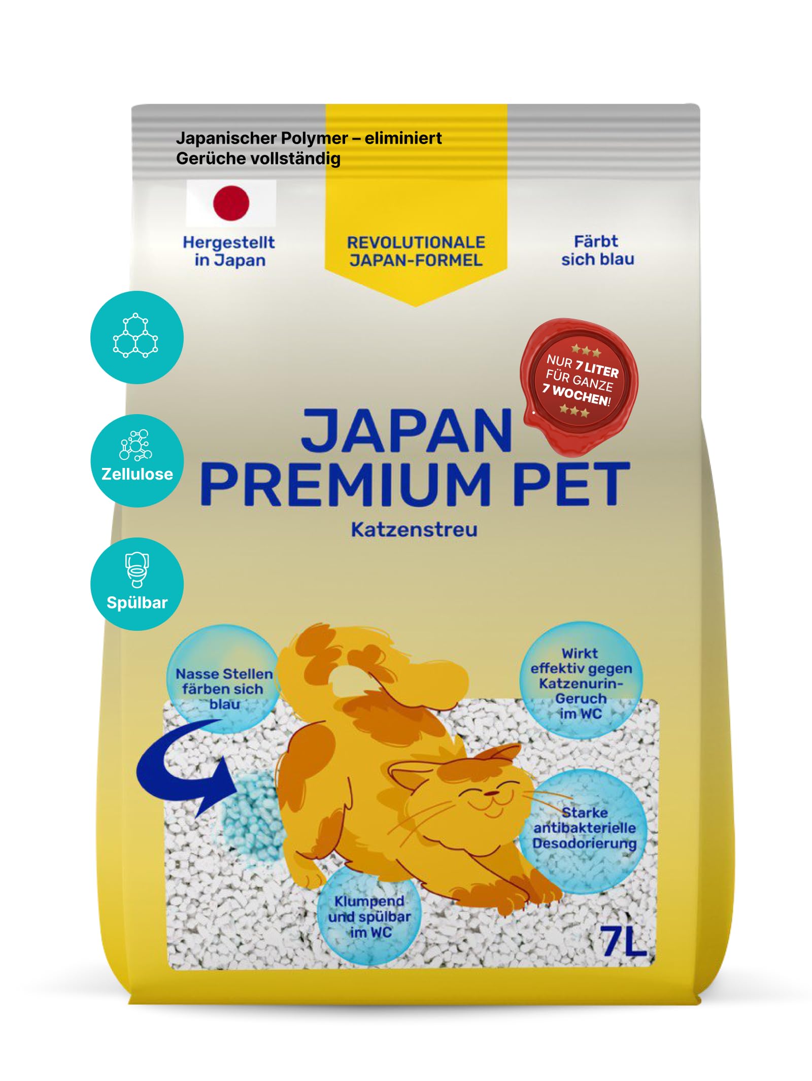 Japan Premium Pet Clumping Cat Litter with Blue Indicator | Natural Flushable Cat Litter Pellets I Suitable for Housetraining Cats and Kitten I Better Alternative for Wood-Based/Wooden Products | 7L