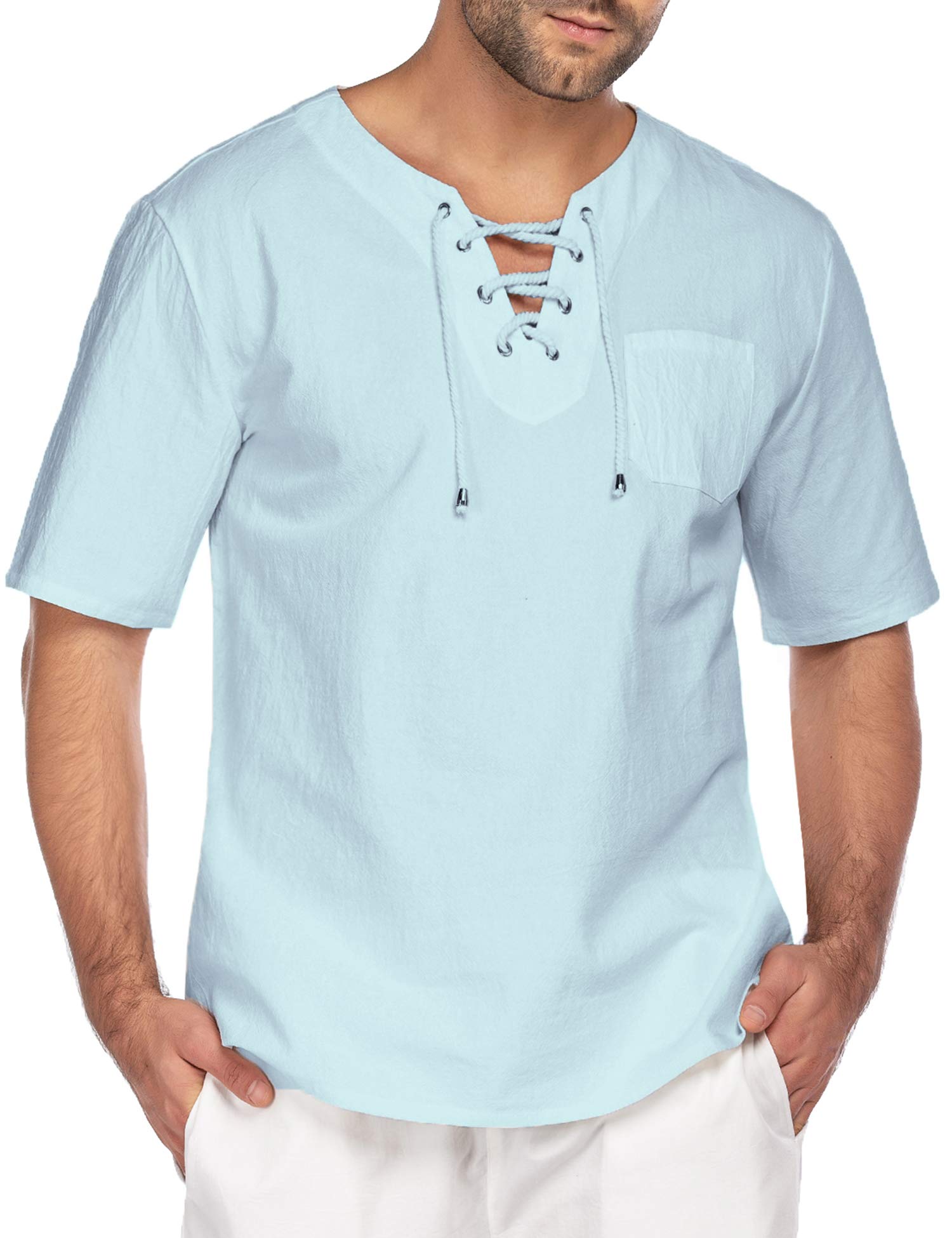 COOFANDYMen Casual Cotton Linen T Shirt Short Sleeve Beach Lace Up Hippie Shirt