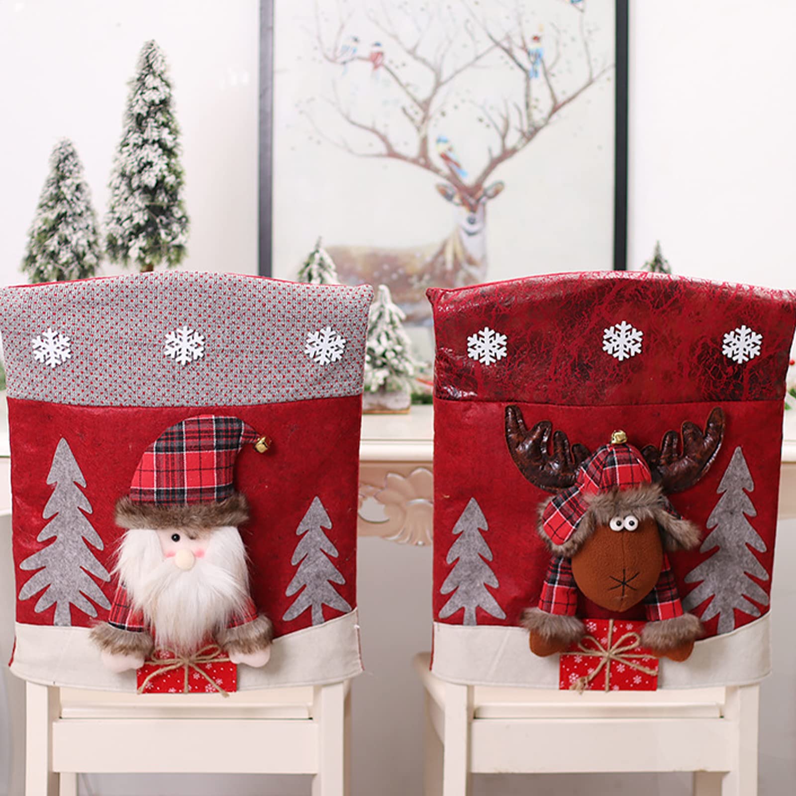 DCQRY 6Pcs Christmas Chair Back Covers, Cute Santa Claus Snowman Reindeer Xmas Dinner Chair Covers, Christmas Dining Chair Slipcovers for Home Kitchen Dining Room Decor