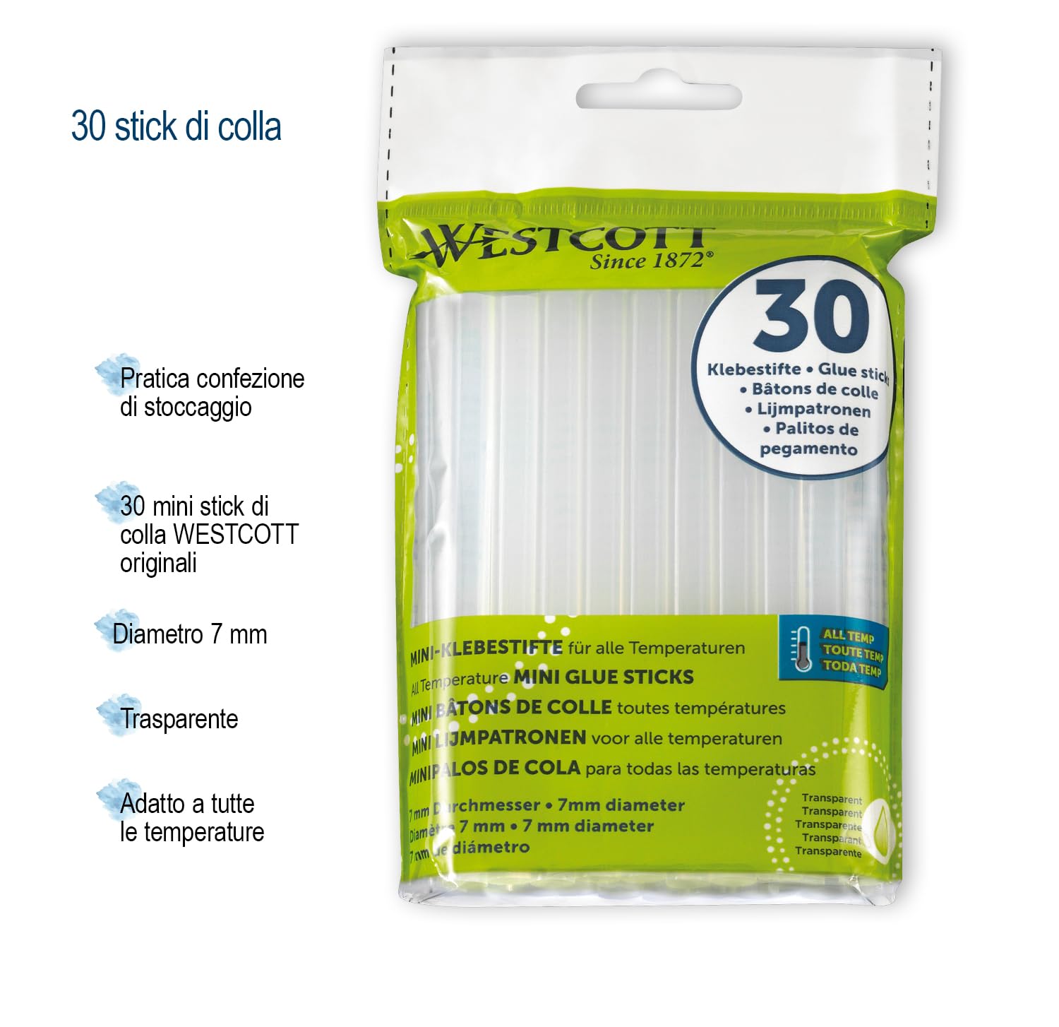 Westcott stick di colla a caldo 7mm 30 pezzi | Confezione da 30 ricariche di stick di colla per pistole a caldo in formato standard 7 x 102mm | trasparente | E-16837 00