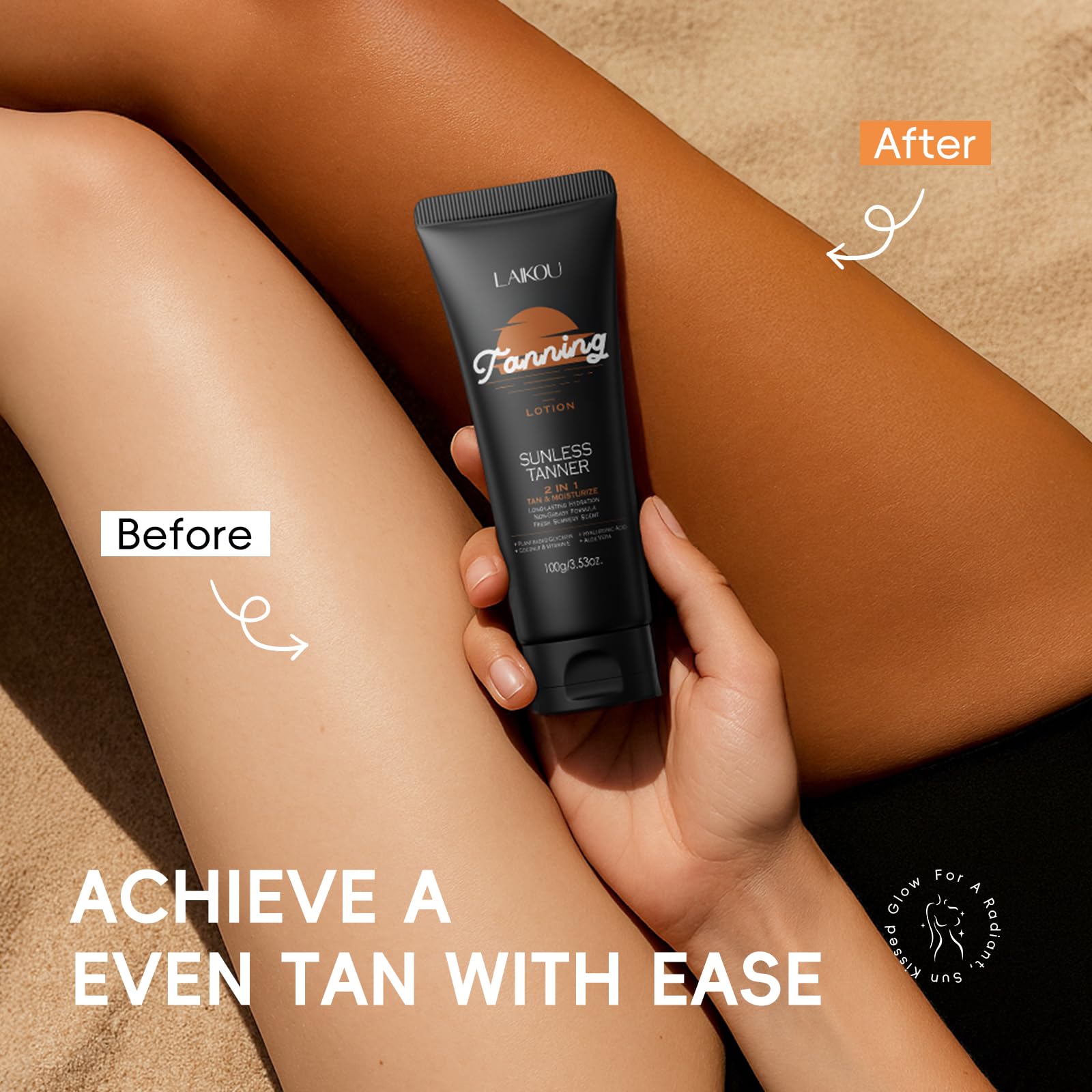 LAIKOU Tanning Lotion 2 x 100g, Natural Sun-Kissed Glow with Coconut Oil, Vitamin E & Shea Butter, Hydrating, Streak-Free - Image 4