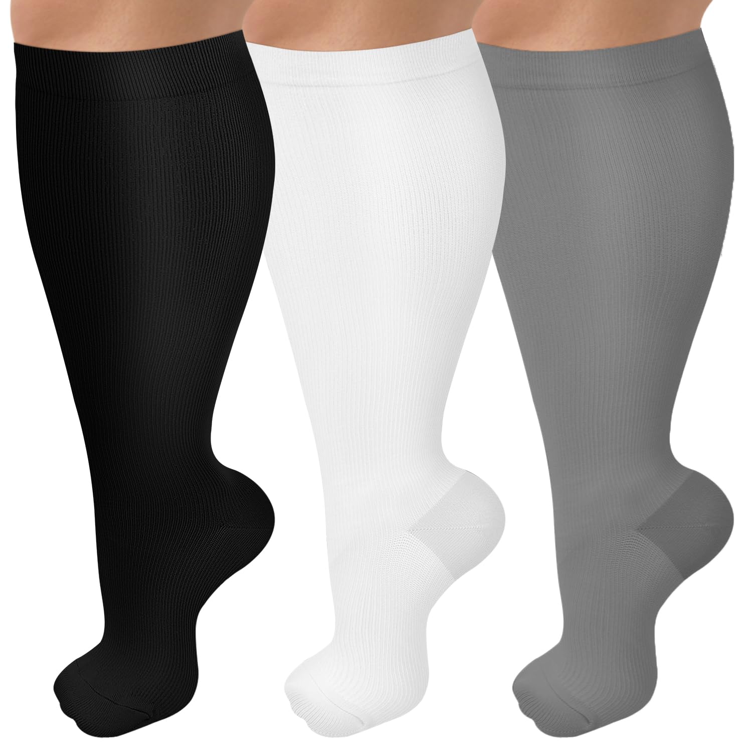 Photo 1 of CTHH 3 Pack Wide Calf Compression Socks for Women and Men Plus Size Knee High Large Stockings for Support Female Male Unisex Elderly Youth Girl Boy Lady Gray 2XL XX-Large Black White Grey 2X-Large