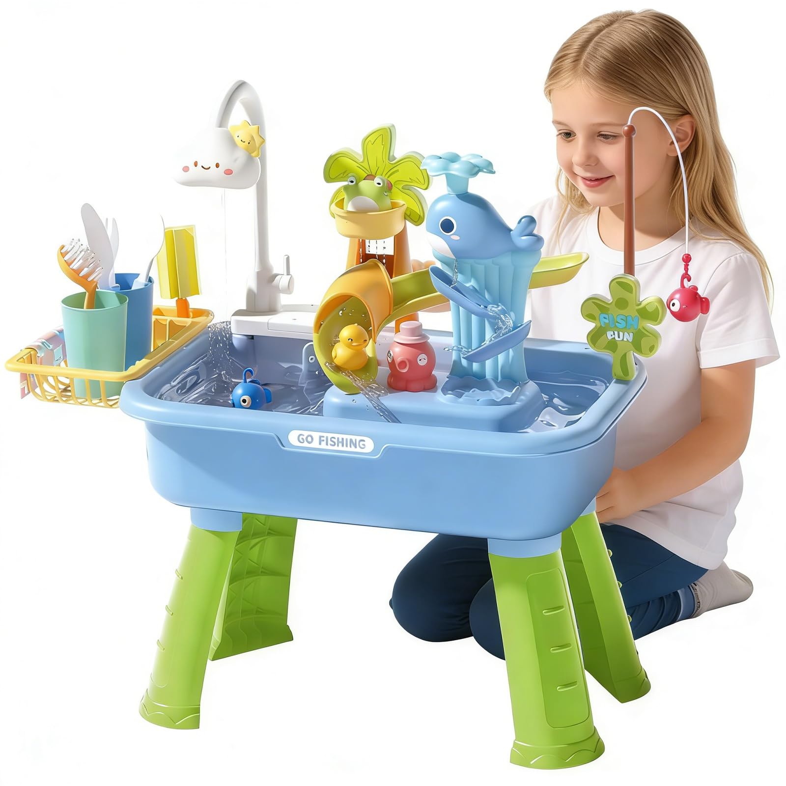 Toddler Water Table,Kids Electric Fishing Pond Water Table,Kids Water Table Electric Play Sink With Running Water Removable Table,emovable Legs, 180° Rotating, for Garden, Kindergarten, Home (Blue)