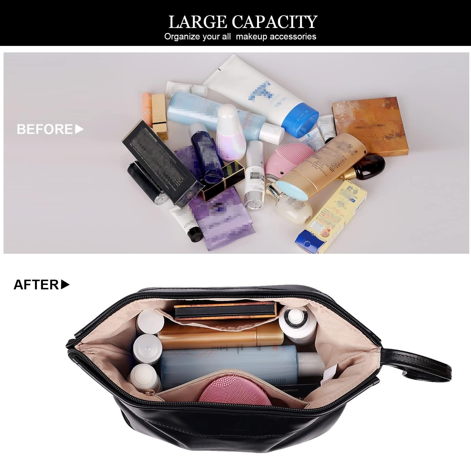 Kosmetiktasche Damen Kosmetiktasche, wasserdichte Kosmetiktasche mit Bodentasche zur Aufbewahrung von Kosmetika auf Reisen Kulturbeutel(Black)